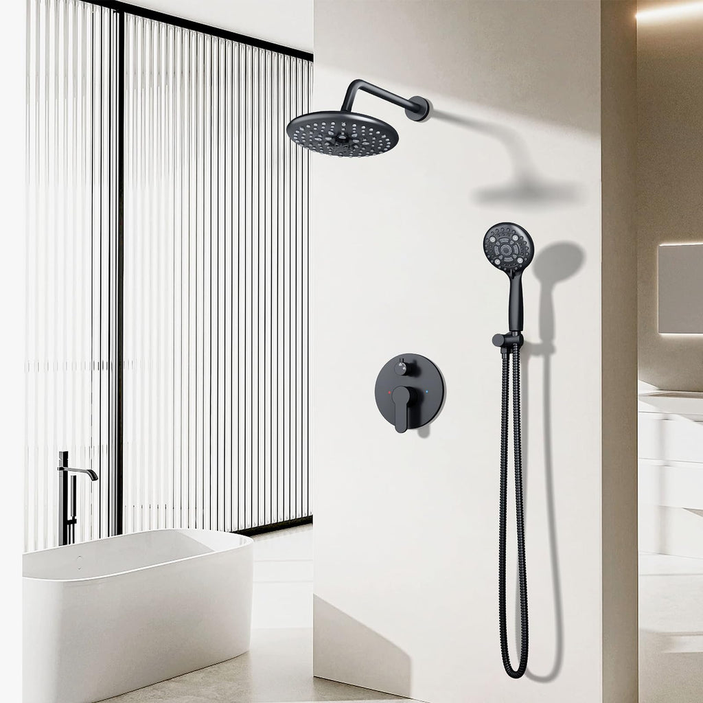 EMBATHER Shower Faucets Sets Complete, with 3 Setting High Pressure Shower Head Combo, Bathroom Wall Mounted Rainfall Shower System Fixtures with 8-Mode Handheld Spray, Brushed Nickel