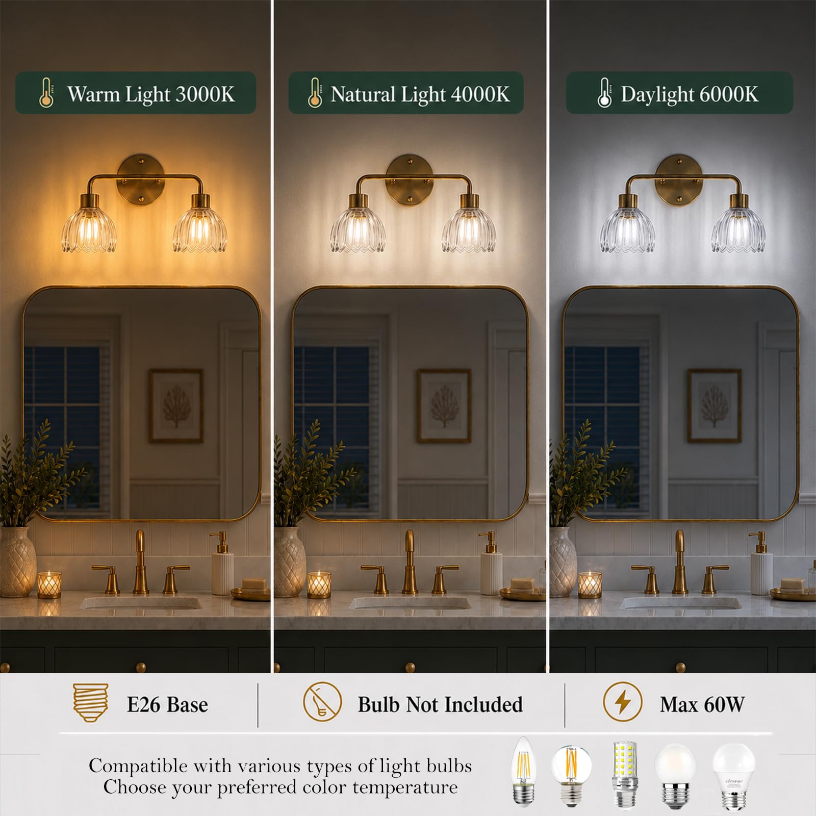 1-Light Gold Brass Bathroom Light Fixture,Wall Sconces set of 2,Brushed Gold Vanlity Light Over Mirror,Bathroom Vanity Light with White Tulip Glass Flower Shade,E26 Socket(Bulbs Not Included)