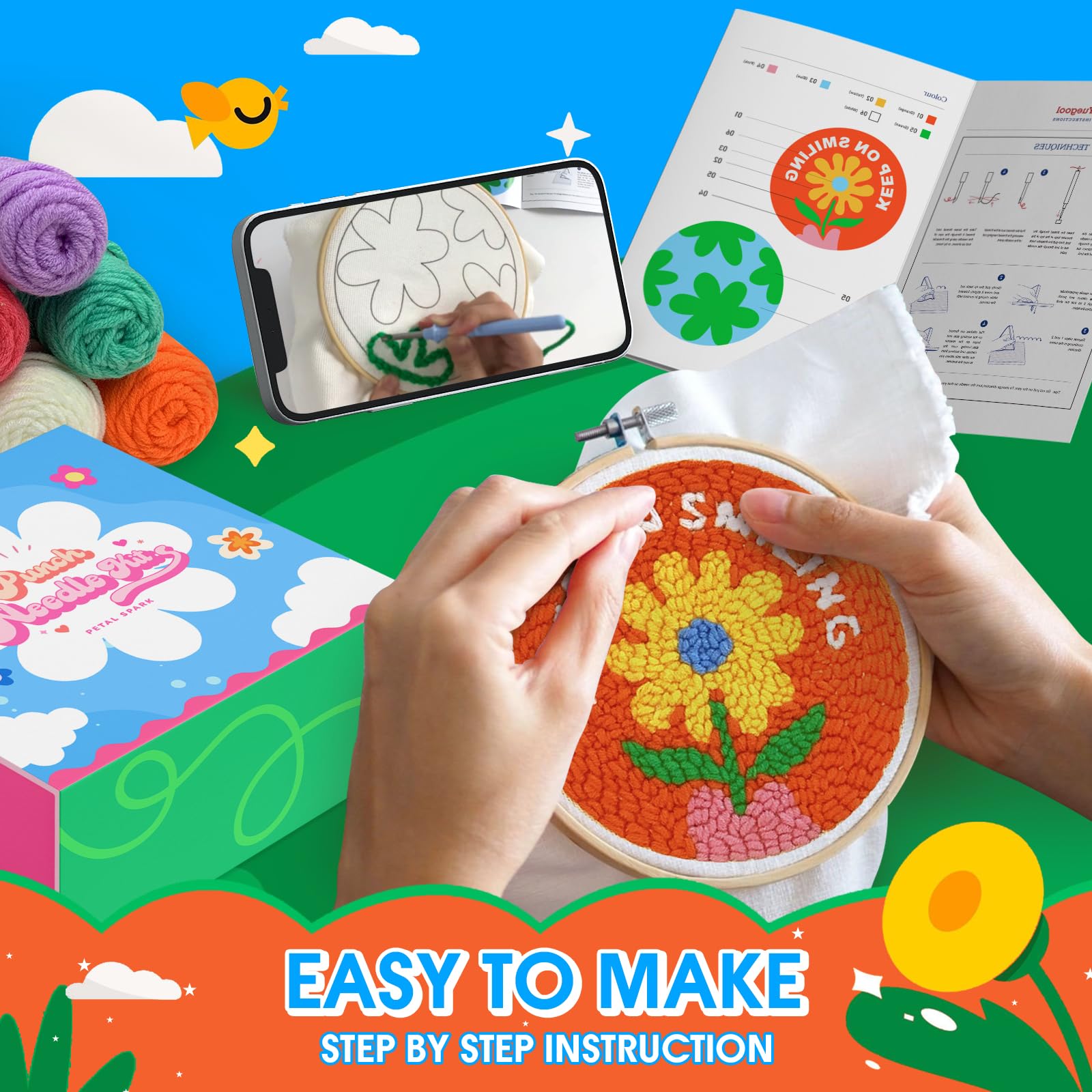 yuegool 6PCS Enchanted Oddities Punch Needle Coasters Kit – Easy DIY Embroidery Kit for Beginners, Adults & Kids | Includes Patterns, Tools, Yarns, Hoop, Instructions, Coaster Holder