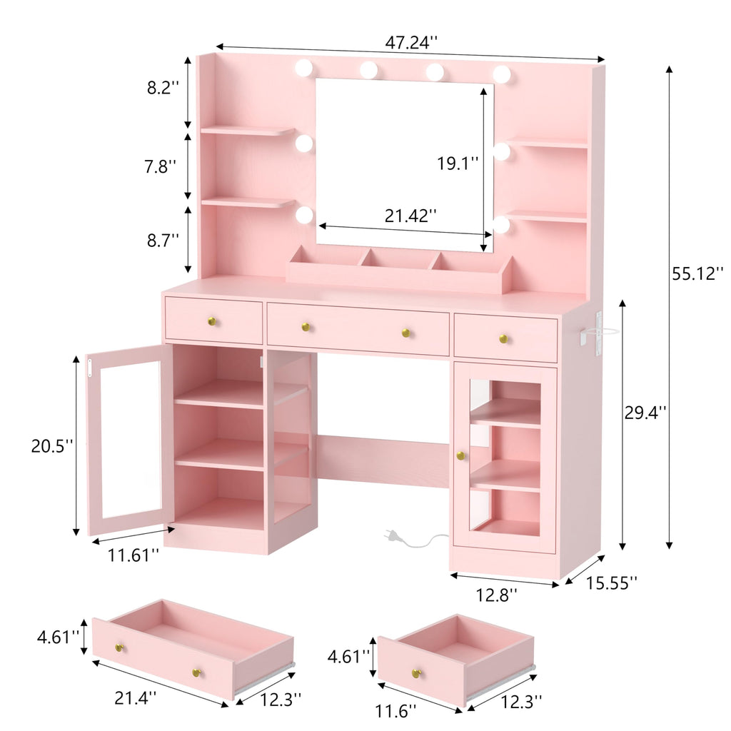 HUANLEGO Vanity Desk with Mirror and Lights, Makeup Vanity with Mirror and LED Lights & Power Outlet, 3 Drawers and Cabinets, 3 Lighting Modes Dressing Table Set for Girls Women Bedroom,Oak