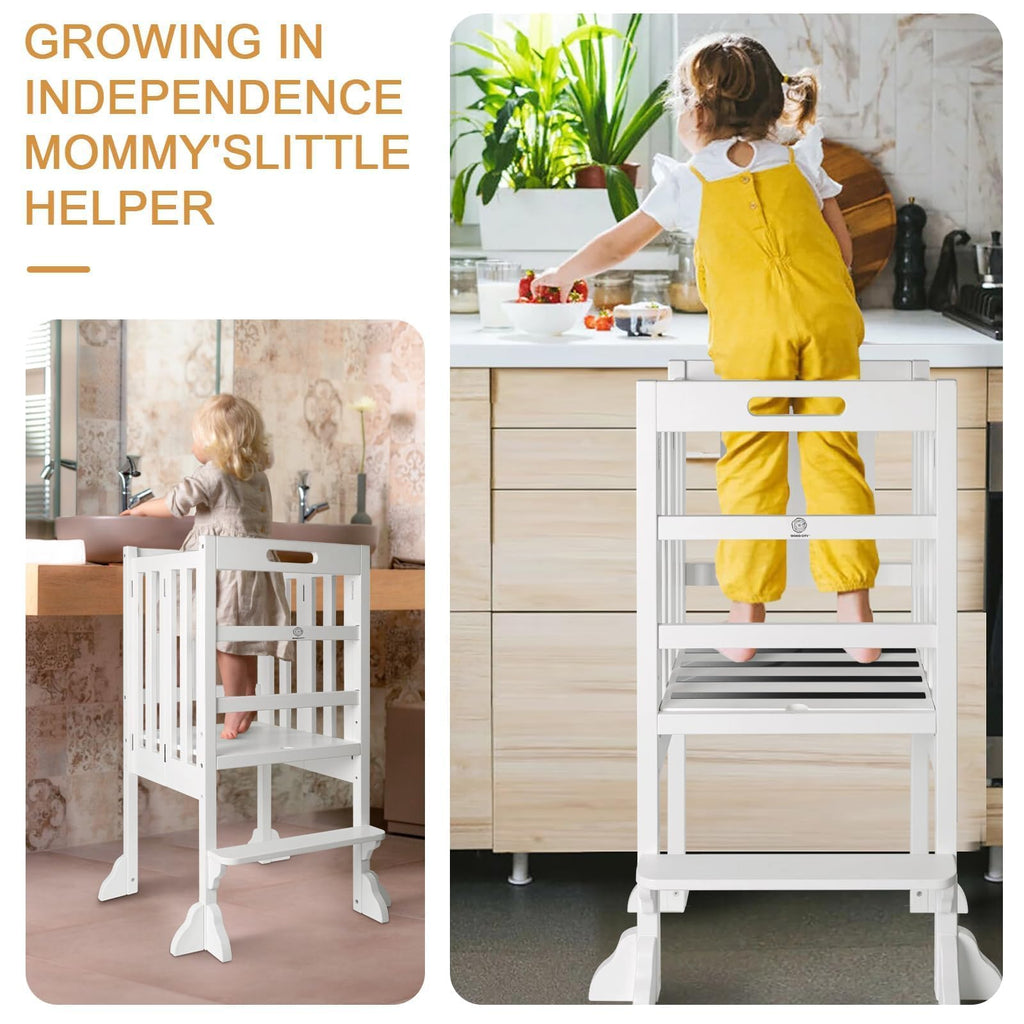 Foldable Toddler Learning Standing Tower, WOOD CITY Montessori Kitchen Step Stool Ideal Helper with 3 Adjustable Heights for Learning New Skills(Natural)
