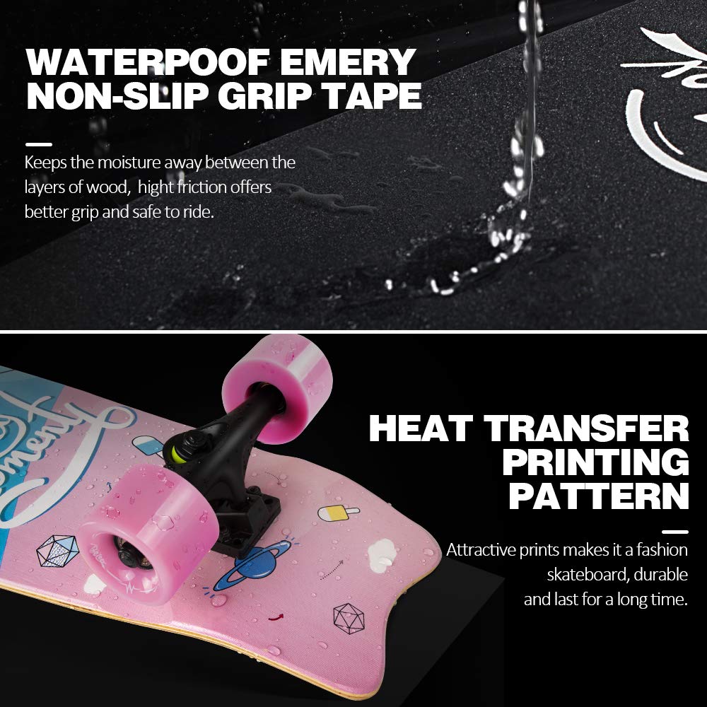 BELEEV Cruiser Skateboards for Beginners, 27 x 8 inch Complete Skateboard for Kids Teens Adults, 7 Ply Canadian Maple Double Kick Deck Concave Skateboard with Skate T-Tool