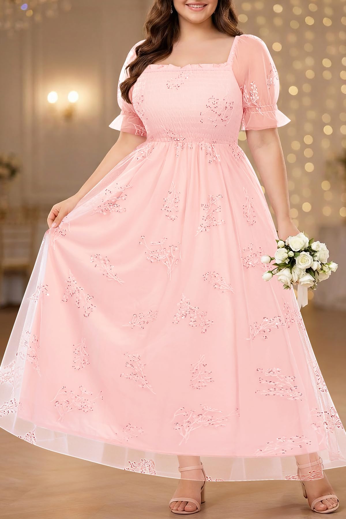 Plus Size Formal Dresses - Bridesmaid Leaf Embroidery with Sequin Tulle Prom Long Dress