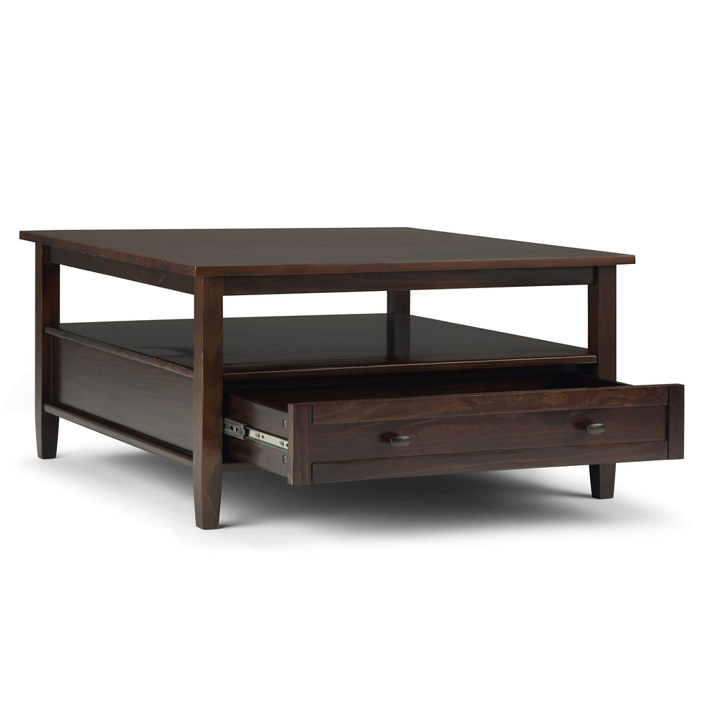 SIMPLIHOME Warm Shaker Coffee Table - 48 inch Wide Solid Wood Coffee Table in Black, Transitional Living Room Table with 2 Drawers, Open Shelf, Shaker Fronts and Tapered Legs