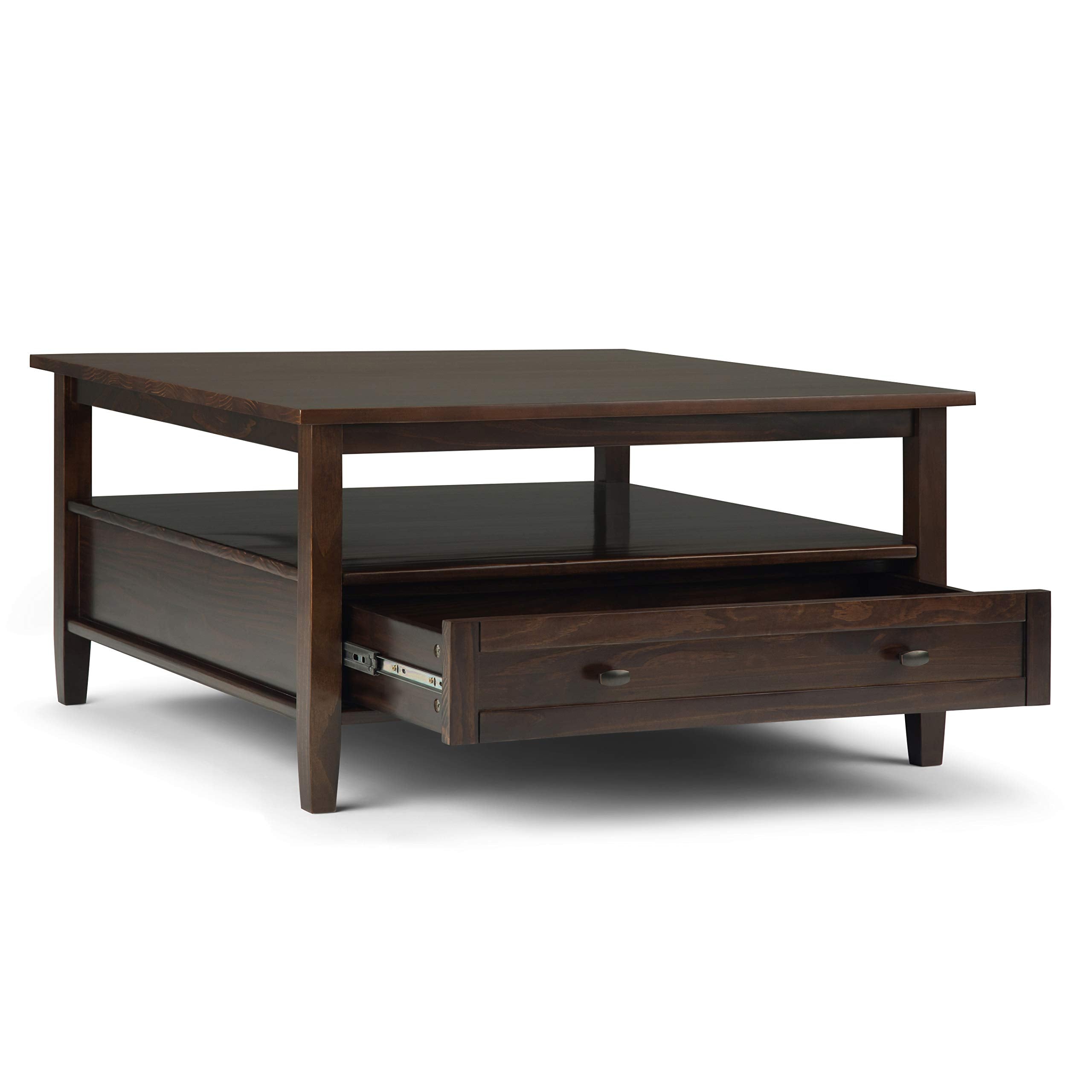 SIMPLIHOME Warm Shaker Coffee Table - 48 inch Wide Solid Wood Coffee Table in Black, Transitional Living Room Table with 2 Drawers, Open Shelf, Shaker Fronts and Tapered Legs