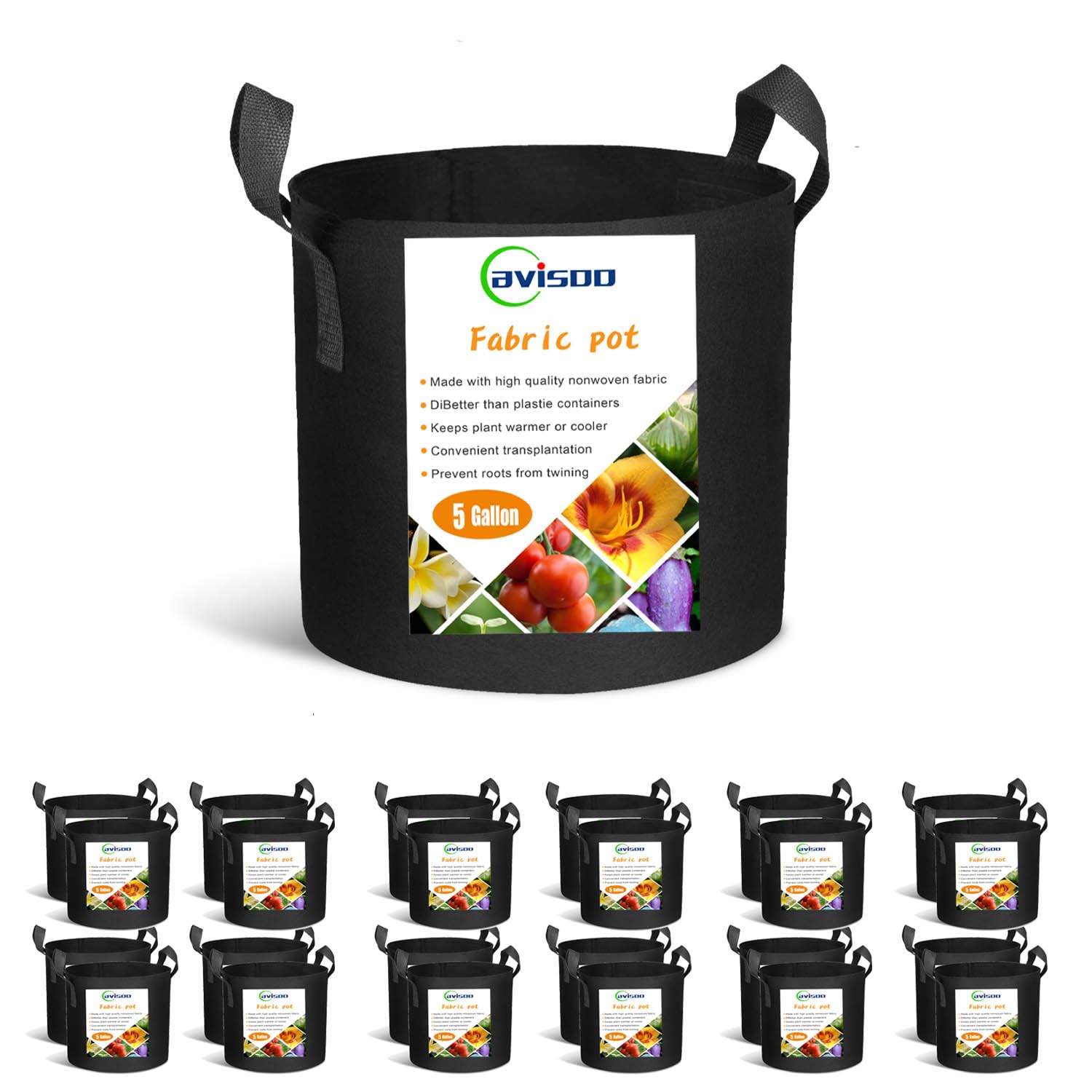 Cavisoo 24-Pack 3 Gallon Grow Bags, Heavy Duty Thickened Non-Woven Plant Fabric Pots with Reinforced Handles