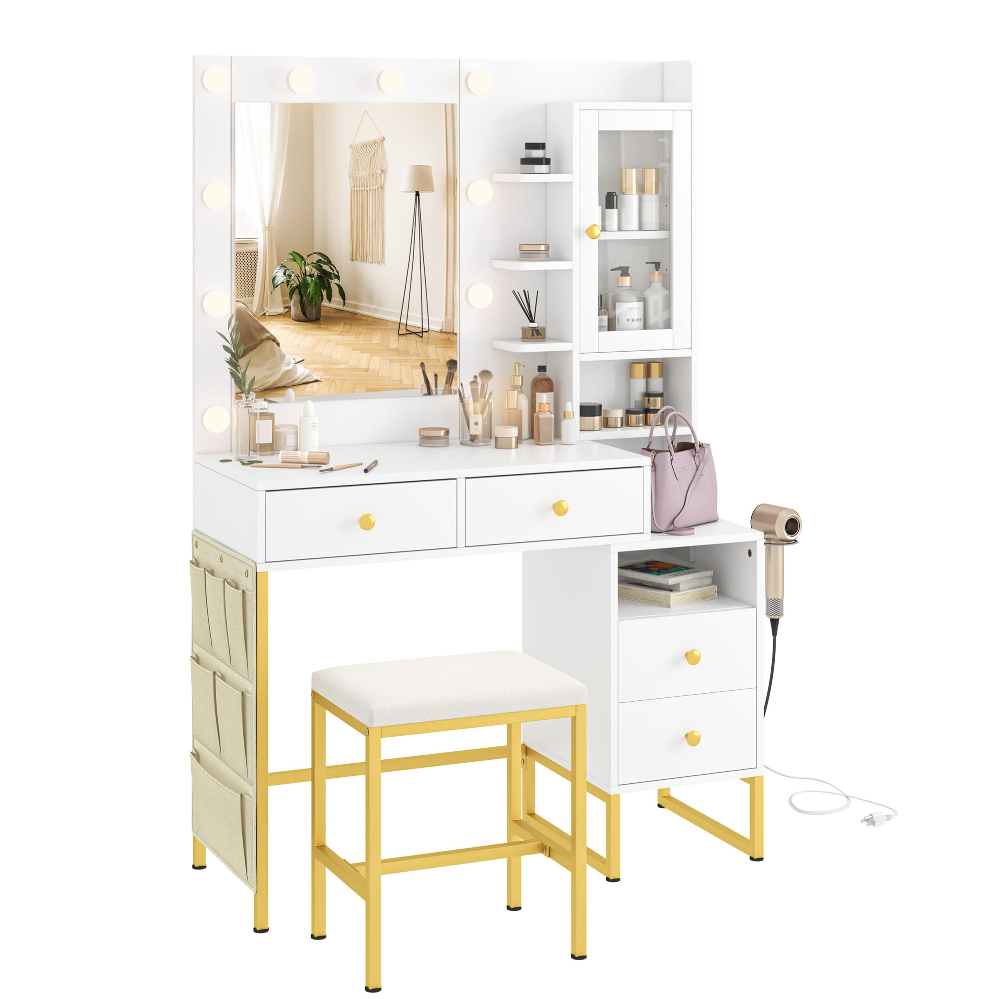 YIKEHOME Makeup Vanity Desk with Mirror and 10 Lights, 3-Colour Hollywood Brighter Bulbs, Vanity Table Set with Large Drawers and and Charging Station for Bedroom Dressing Room White