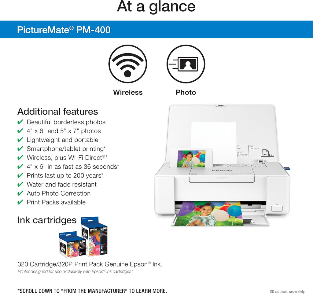 Epson PictureMate PM-400 Wireless Compact Color Photo Printer, white