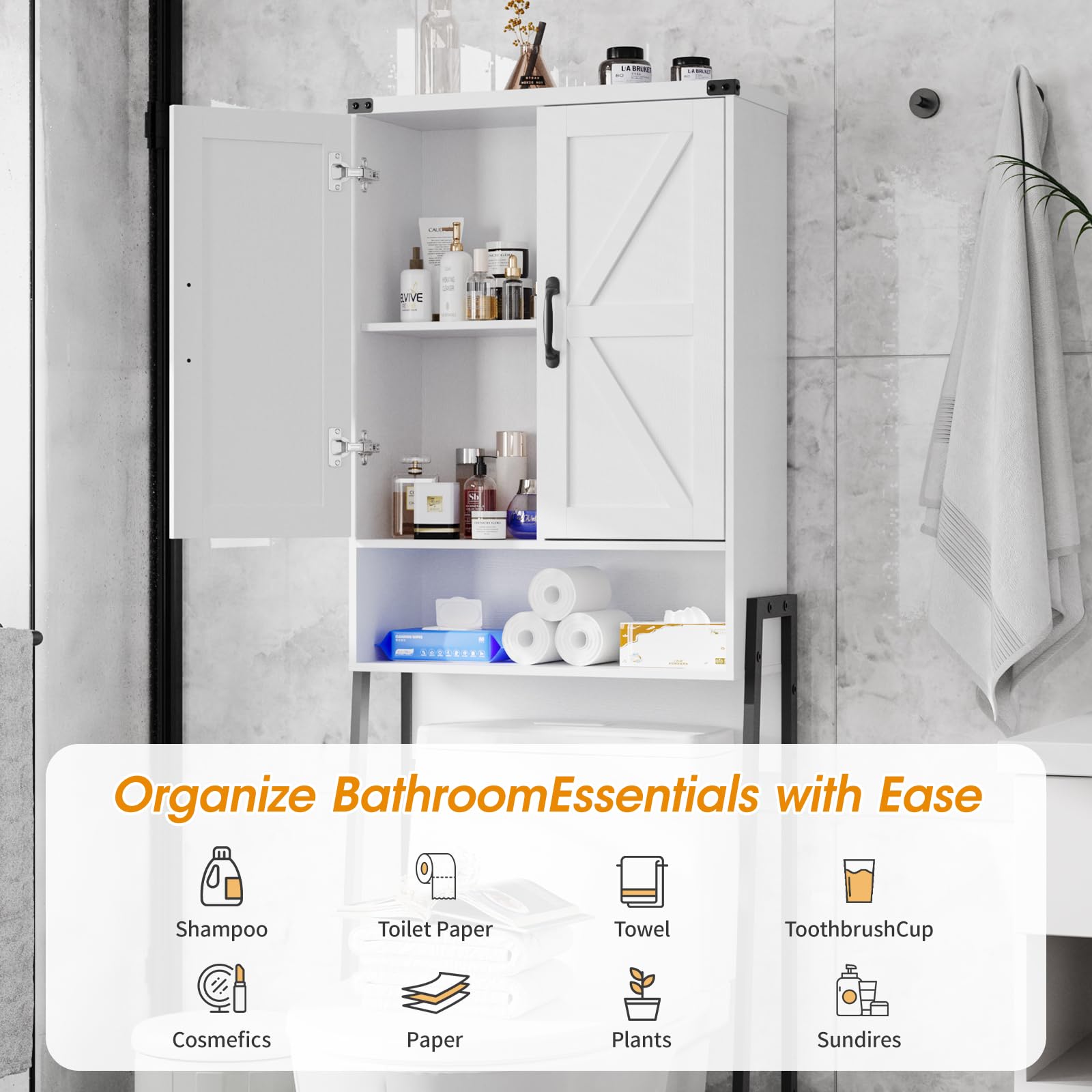 Vabches Over The Toilet Storage Cabinet with 2-Door Design Bathroom Organizers and Storage with Anti-Tip Device Over Toilet Organizer with Shelves for Bathroom,Restroom,Laundry Black