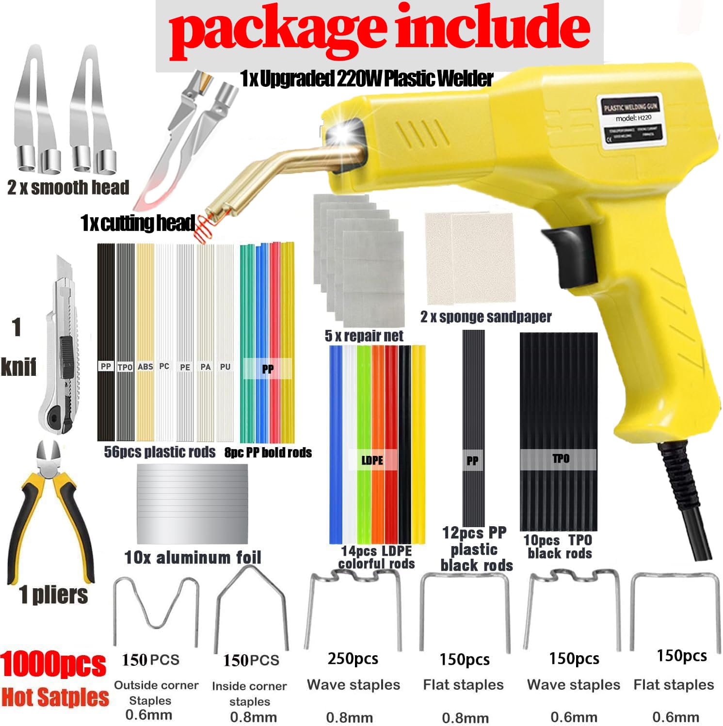 Upgraded 220W Plastic Welder, 2 in 1 Plastic Welding Repair Welder Kit 1000PCS Hot Stapler Soldering Gun with 100PCS Plastics Welding Rods Car Bumper Repair Kit for Most Plastics(Black)