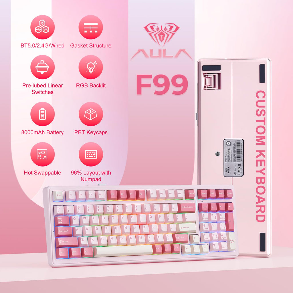 Aula F99 Mechanical Gaming Keyboard, Wireless Creamy Keyboard Hot Swappable Custom Keyboards Rechargeable, Tri-Mode BT5.0/2.4GHz/USB-C, Pre-lubed Linear Switches, RGB Backlit, Gasket Structure