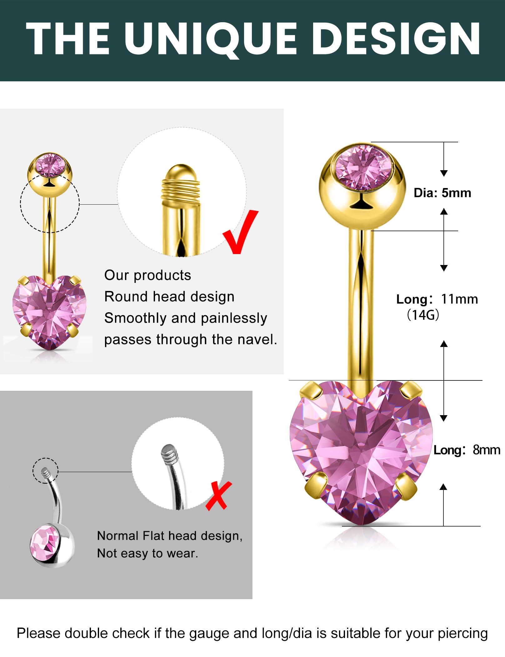 Wssxc 14G Hypoallergenic Surgical Steel Belly Button Ring Cubic Zirconia Belly Button Barbs Body Piercing Set 7Pcs