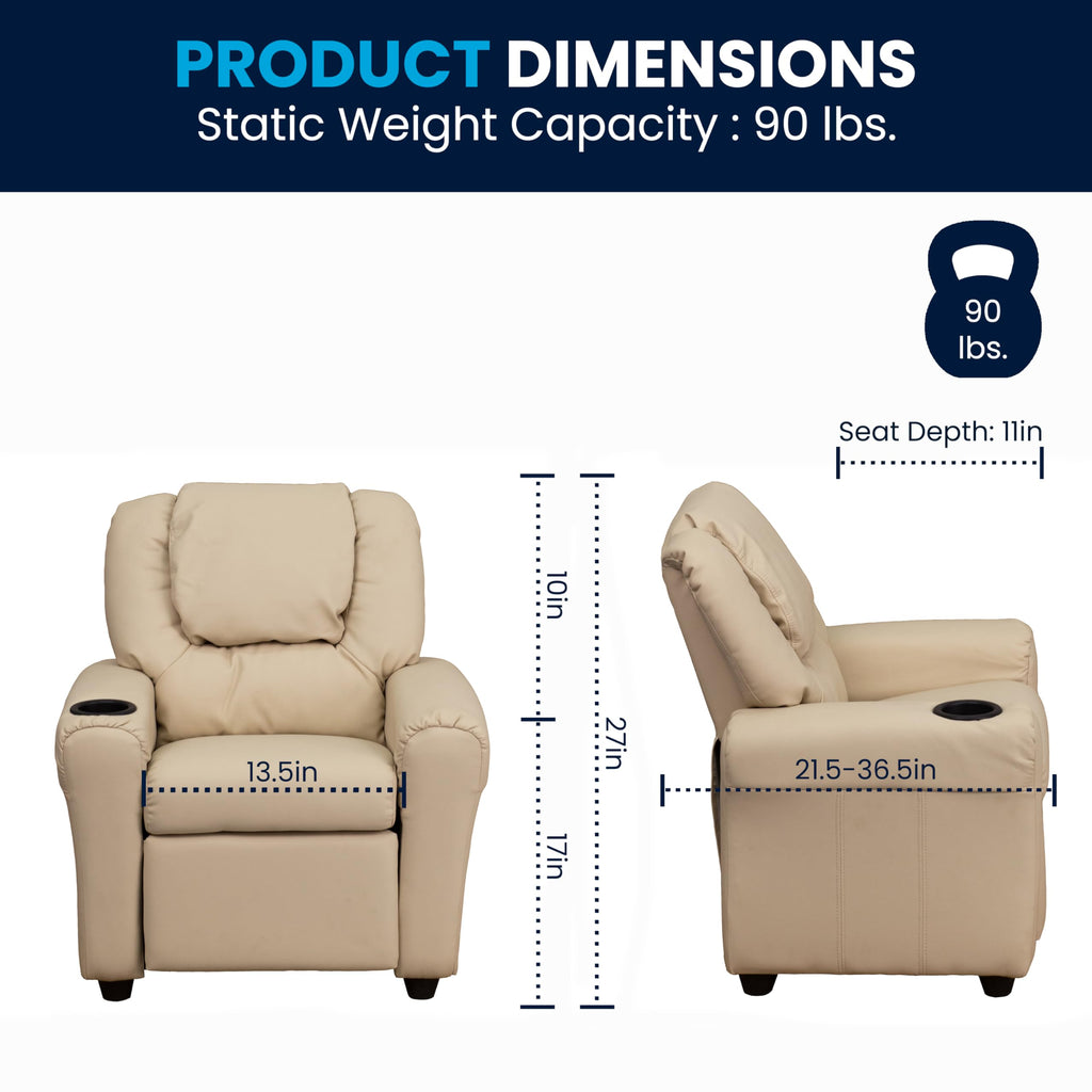 Flash Furniture Vana Vinyl Kids Recliner with Cup Holder, Headrest, and Safety Recline, Contemporary Reclining Chair for Kids, Supports up to 90 lbs., Beige