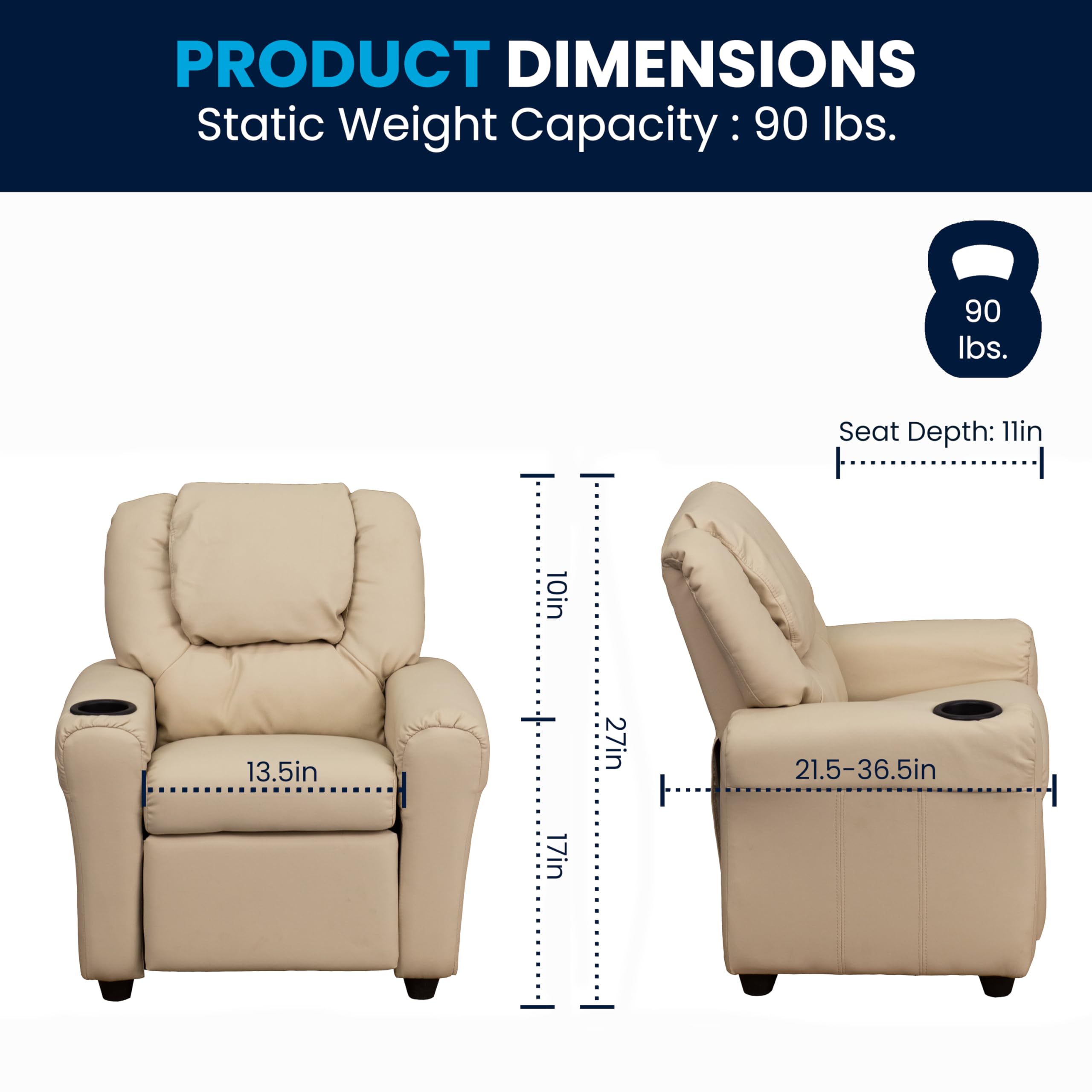 Flash Furniture Vana Vinyl Kids Recliner with Cup Holder, Headrest, and Safety Recline, Contemporary Reclining Chair for Kids, Supports up to 90 lbs., Beige