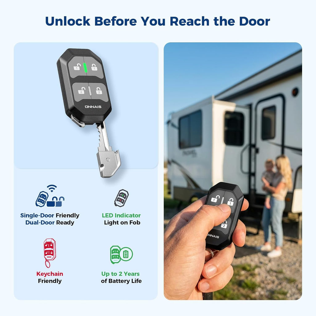 ONNAIS RV Door Lock Replacement – Full Metal Keyless Entry, 10-Digit Keypad, Dual-Door Remote, Backup Key, RV Essential, Ideal Gift for RV Owners