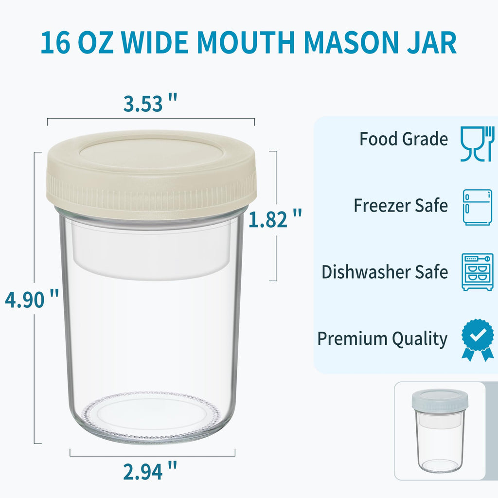 Xyptorix 16 oz Overnight Oats Containers with Airtight Lids - 2-Pack Leak-Proof Wide Mouth Mason Jars & Divided Cups for Dried and Wet Foods, Glass Jars for Chia Pudding, Salad, Snacks, and Yogurt