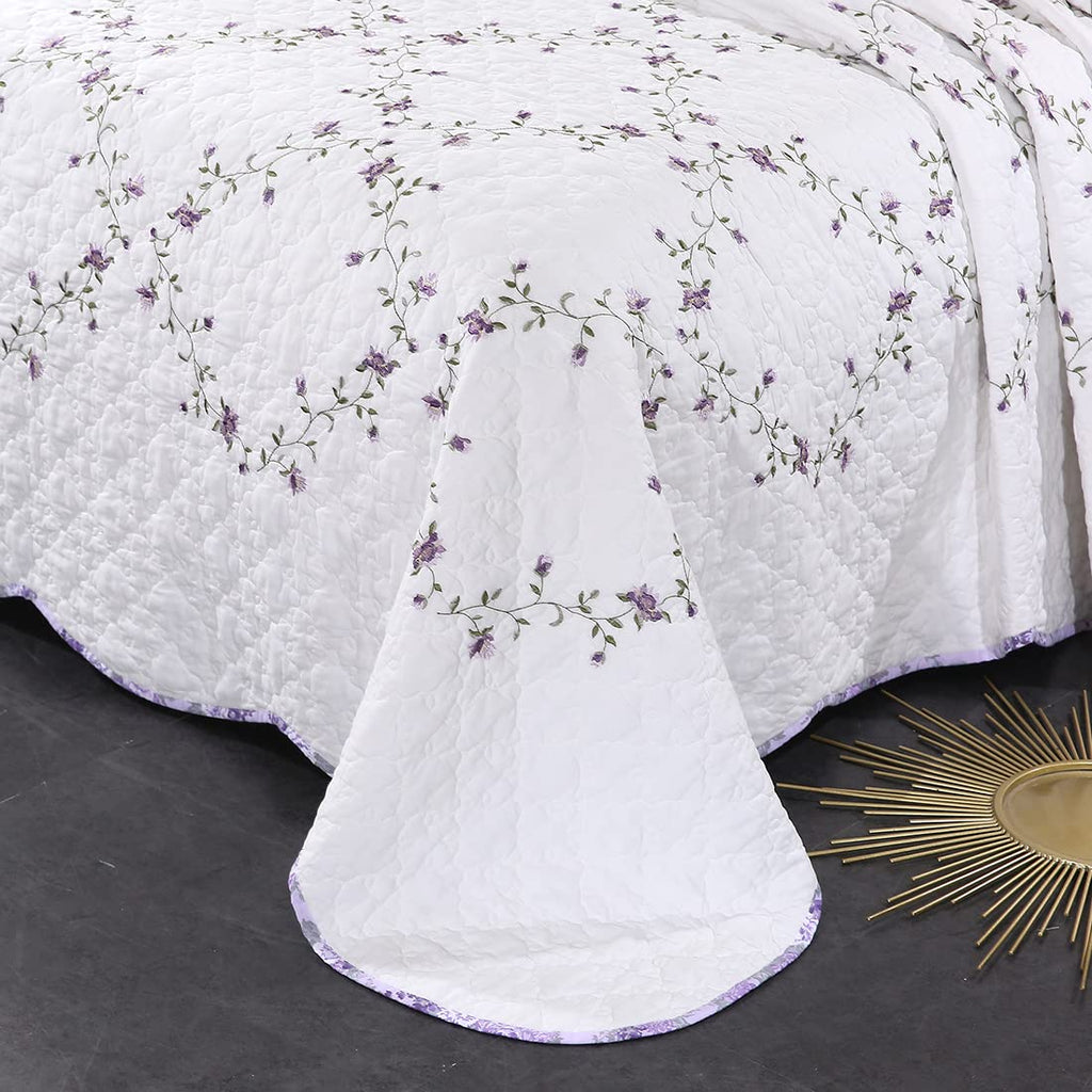 vctops 3-Piece Floral Embroidered Bedspread Coverlet Set Twin Size 100% Cotton Reversible Patchwork 1 Quilt and 2 Pillow Shams (Flower,Twin)