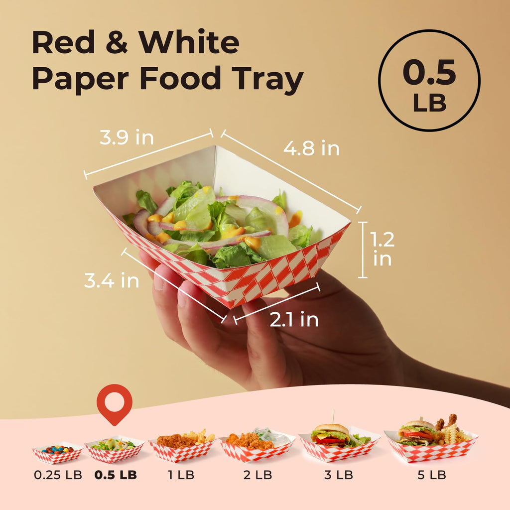 Fit Meal Prep [250 Pack 0.25 lb Paper Food Boats Heavy Duty Disposable Food Trays, Red Check Nacho Tray for Parties Fairs Picnics Carnivals, Holds Ketchup Cheese Sauce Pickles