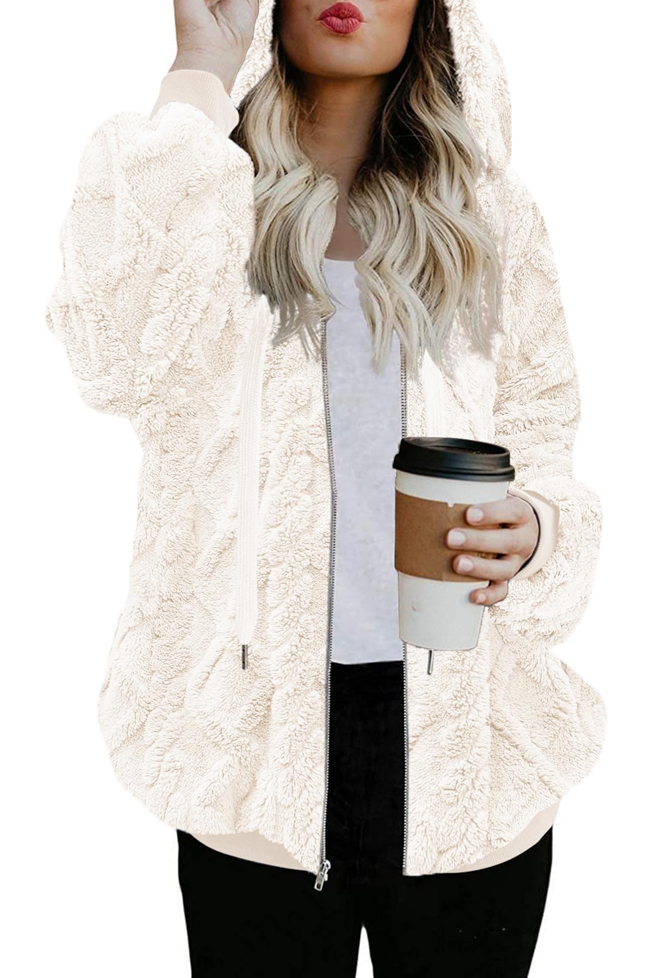 ReachMe Womens Oversized Sherpa Jacket Fuzzy Fleece Zip Up Hoodies with Pockets Warm Fall Outfits Winter Coats