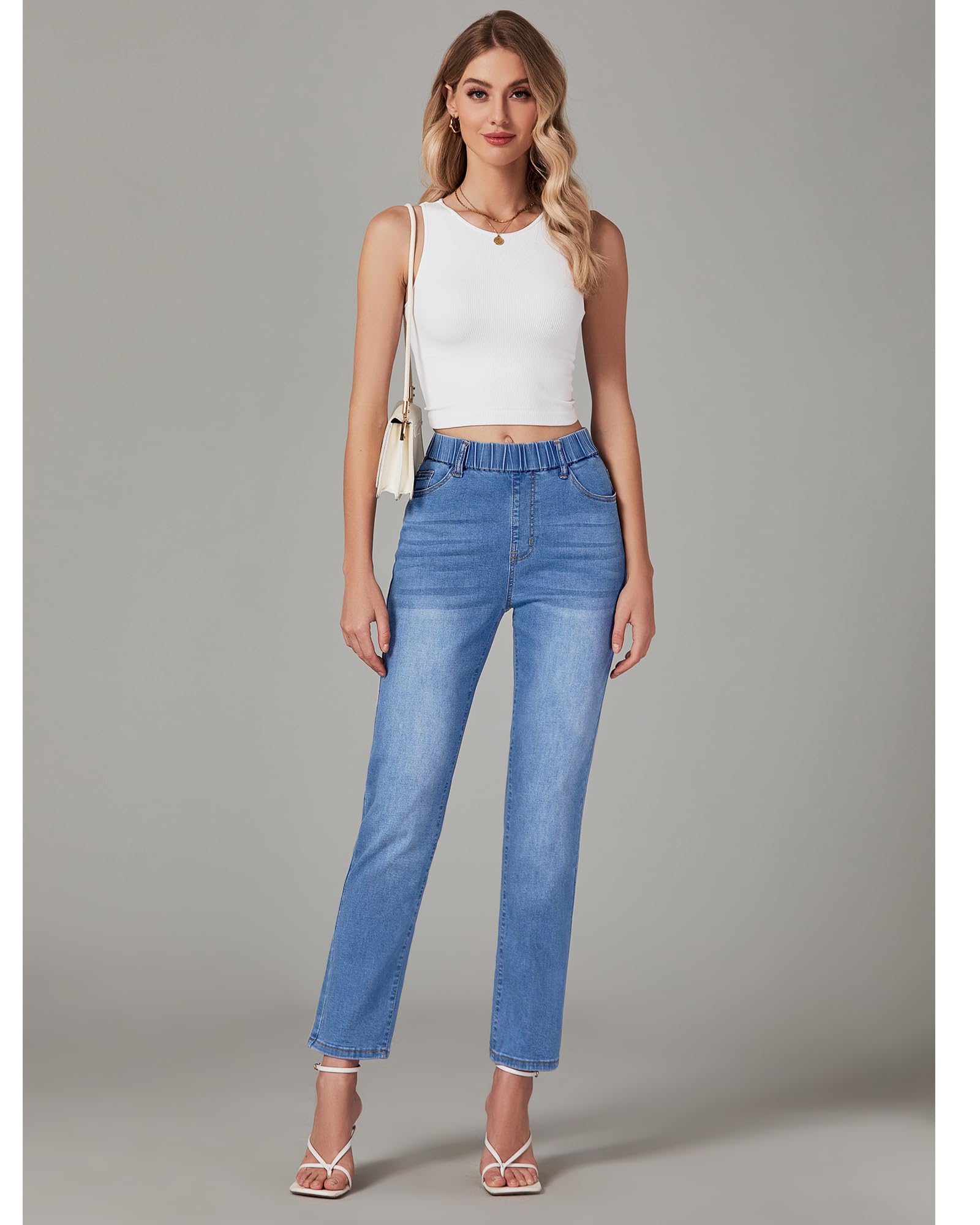 GRAPENT Straight Leg Jeans for Women Trendy Pull On High Waisted Cropped Elastic Waist Stretchy Denim Pants Ankle Jeans