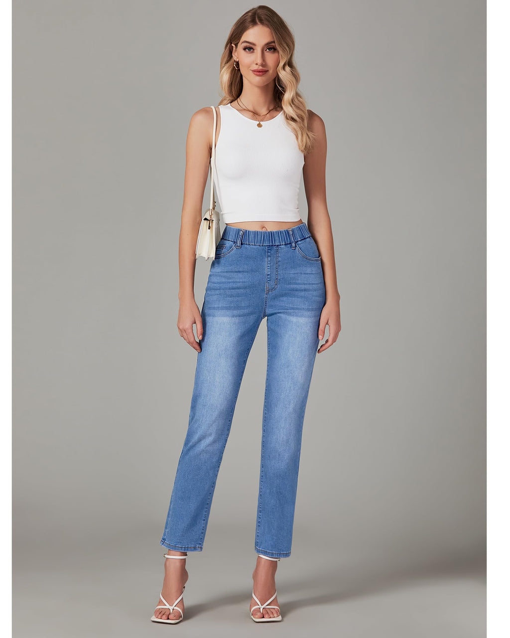 GRAPENT Straight Leg Jeans for Women Trendy Pull On High Waisted Cropped Elastic Waist Stretchy Denim Pants Ankle Jeans