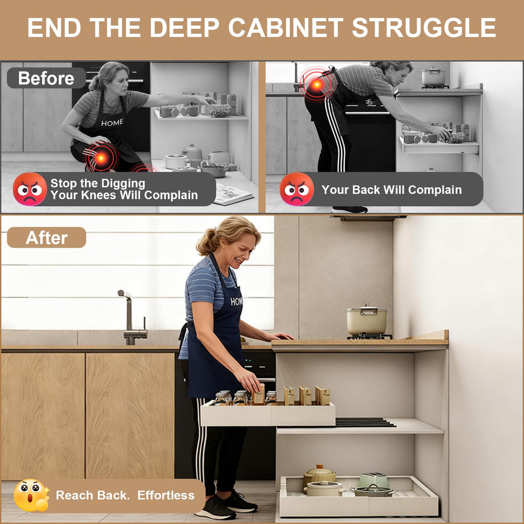 Pull out Cabinet Organizer,Width (11"-16") and Depth (17"-24") Expandable With 3 Rails,No Drill Adjustable Slide out Drawers for Kitchen,Pantry,Adhesive Roll out Shelves,for Cabinets without Lip,Black