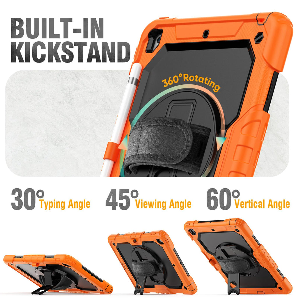 HXCASEAC Case for iPad 9th/8th/7th Generation 10.2 inch, with Pencil Holder, Screen Protector, Hand Strap, Heavy Duty Protective for iPad 9/8/7 Case 10.2-inch 2021/2020/2019, Orange