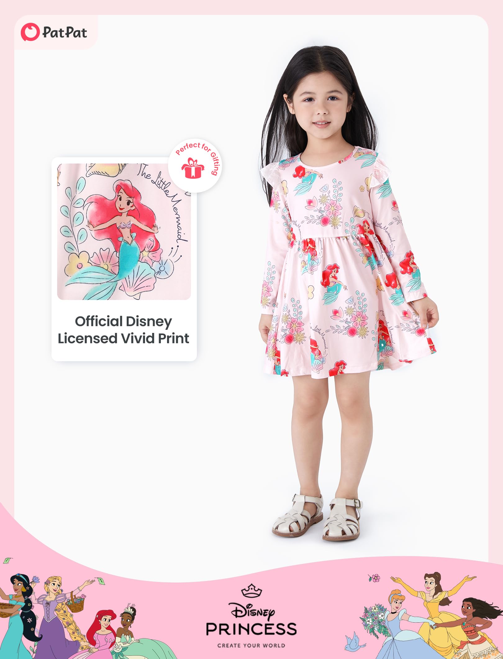 Disney Princess Frozen Elsa Minnie Mickey Stitch Ruffle Sleeve Dress A Line Long Sleeve Kids Clothes Baby to Toddler