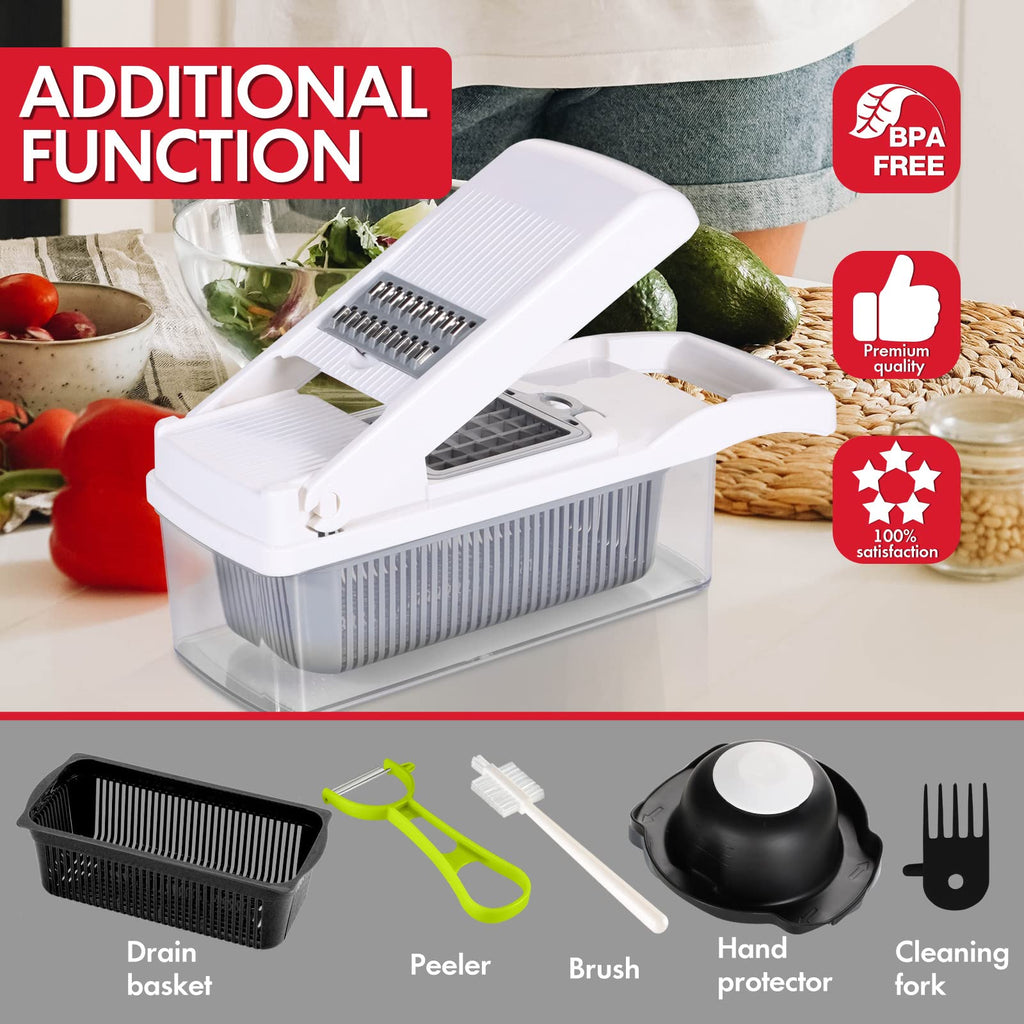 Ourokhome Vegetable Chopper Onion Cutter, 12 in 1 Professional Mandoline Slicer for Kitchen, Multifunctional Food Chopper for Potato, Tomato, Veggie with Strainer Basket, 8 Blades, Blue