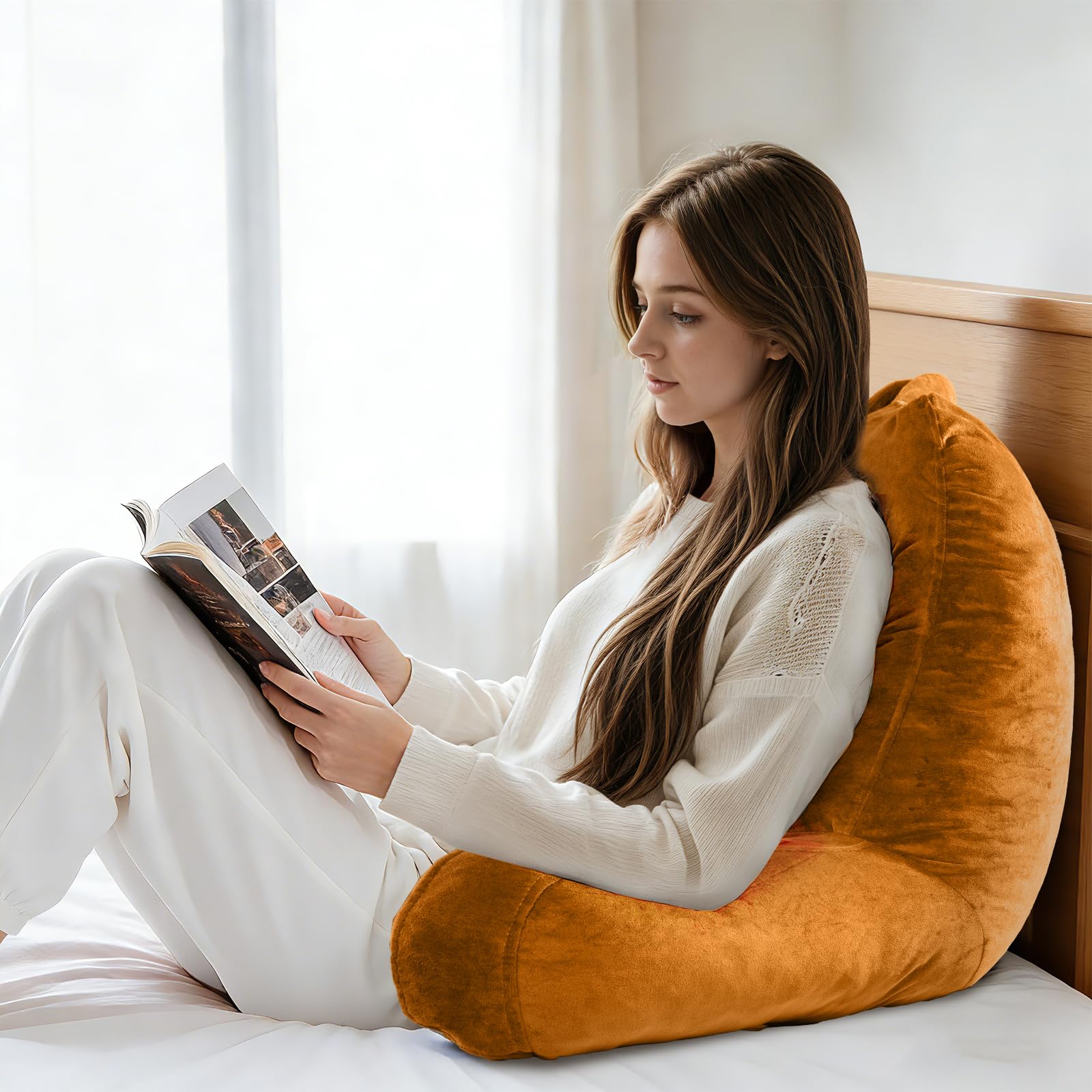 OAISZ Reading Pillow for Sitting in Bed Adult, Reading Pillow with Shredded Memory Foam, Bed Pillow with Washable Cover, Back Pillow Sitting Up with Extend Arms, Beige, X-Large