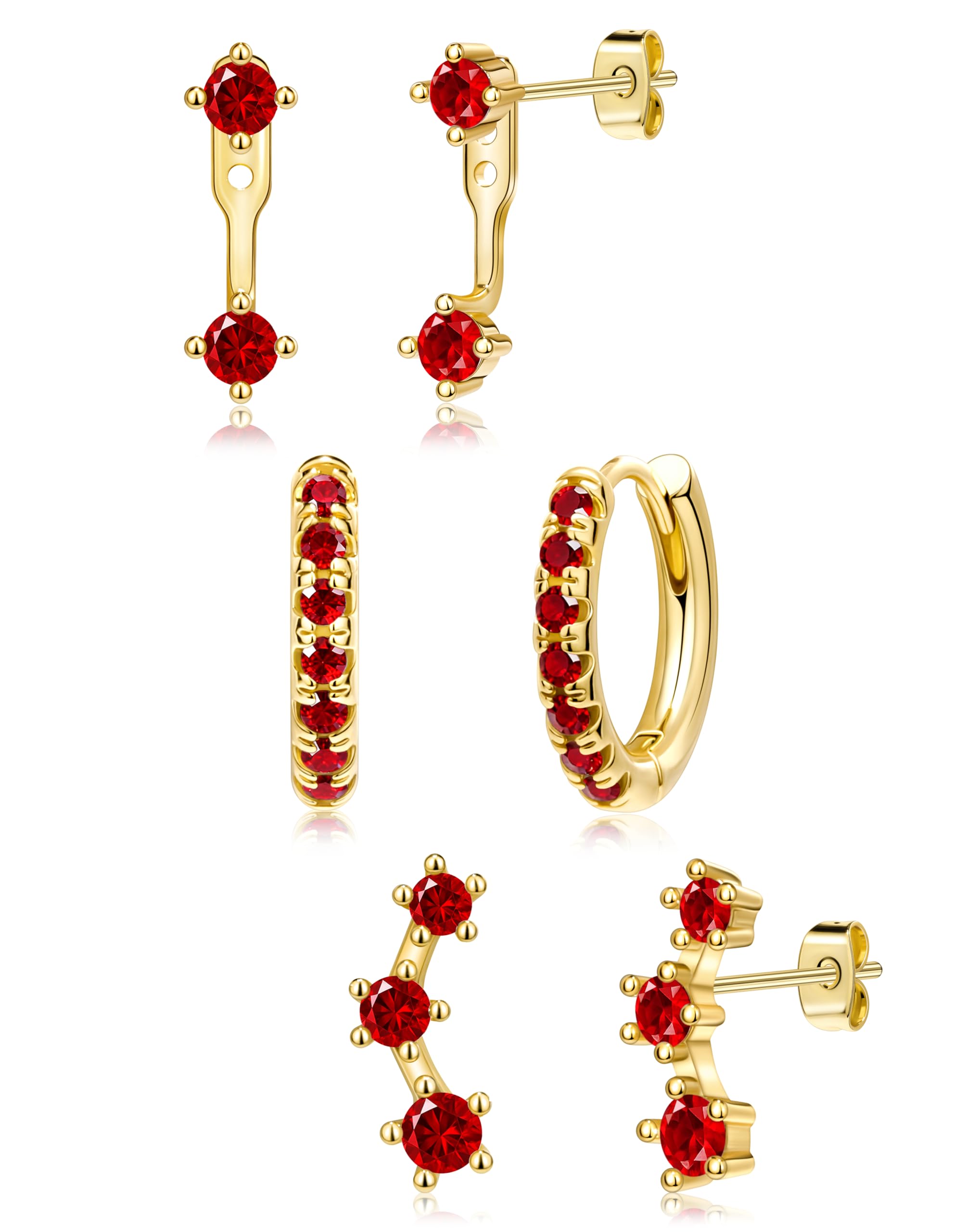 3 Pairs Dainty Small Earrings Set for Women Trendy, Birthstone Stud Huggie Hoop Jacket Stack for Cartilage Helix, Gold Plated Hypoallergenic Cute Women Fashion Accessories Western Jewelry Gifts