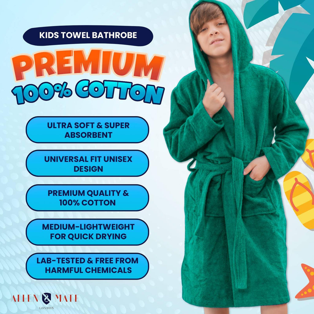 ALLEN & MATE 100% COTTON Hooded Kids Bathrobe – Soft, Medium Weight Absorbent Bath Towel Robe for Boys & Girls, 6-15 Years
