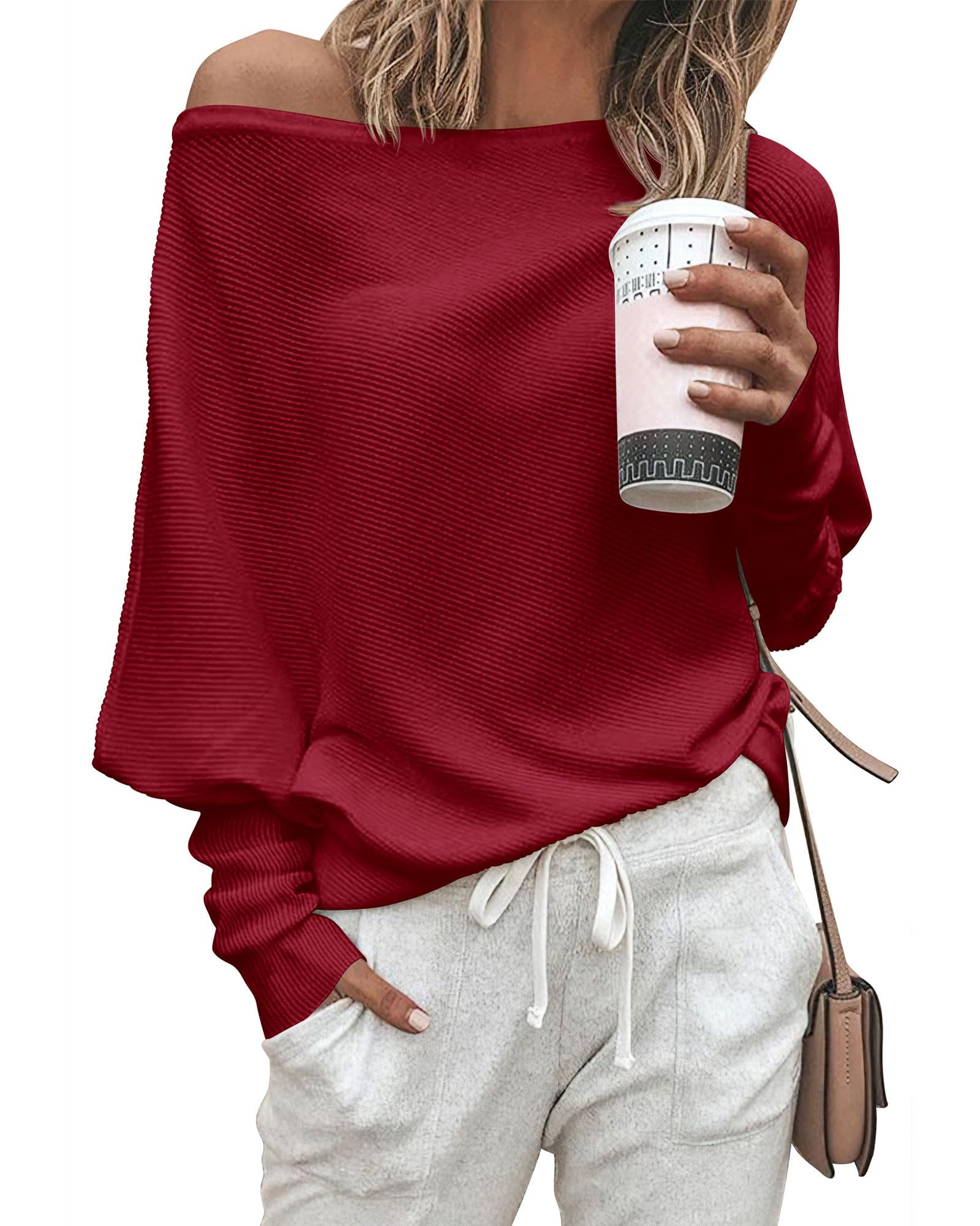 Zenlonr Women's Fall Sweaters 2026 Casual Long Batwing Sleeve Loose Off Shoulder Knit Pullovers Jumper Tops