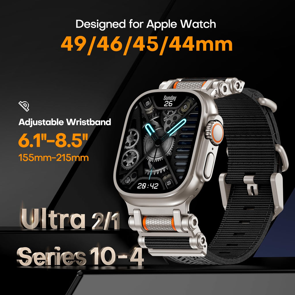 TAURI Nylon for Apple Watch Bands SE/Series 9/8/7/6/5/4 44/45mm, Rugged Nylon Braided Strap & Stainless Steel Connector – iWatch 44mm/45mm Adjustable Woven Band for Men Women, All Black