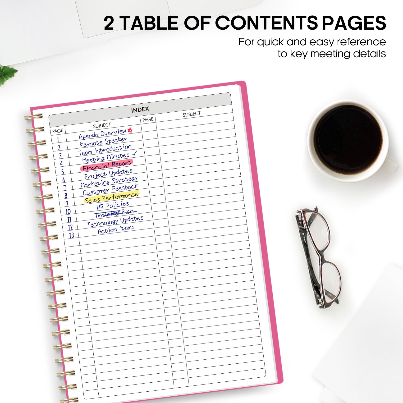 Meeting Notebook for Work Organization - Work Planner Notebook with Action Items, Agenda Planner for Note Taking, 160 Pages (6.9" X 9.9") Project Organizer for Men & Women - Pink