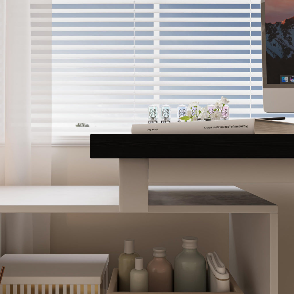 Bobve L Shaped Computer Desk, 47 Inch Home Office Desk with File Drawers & Storage Shelves, Small Corner Computer Desk for Small Space (Black + White)