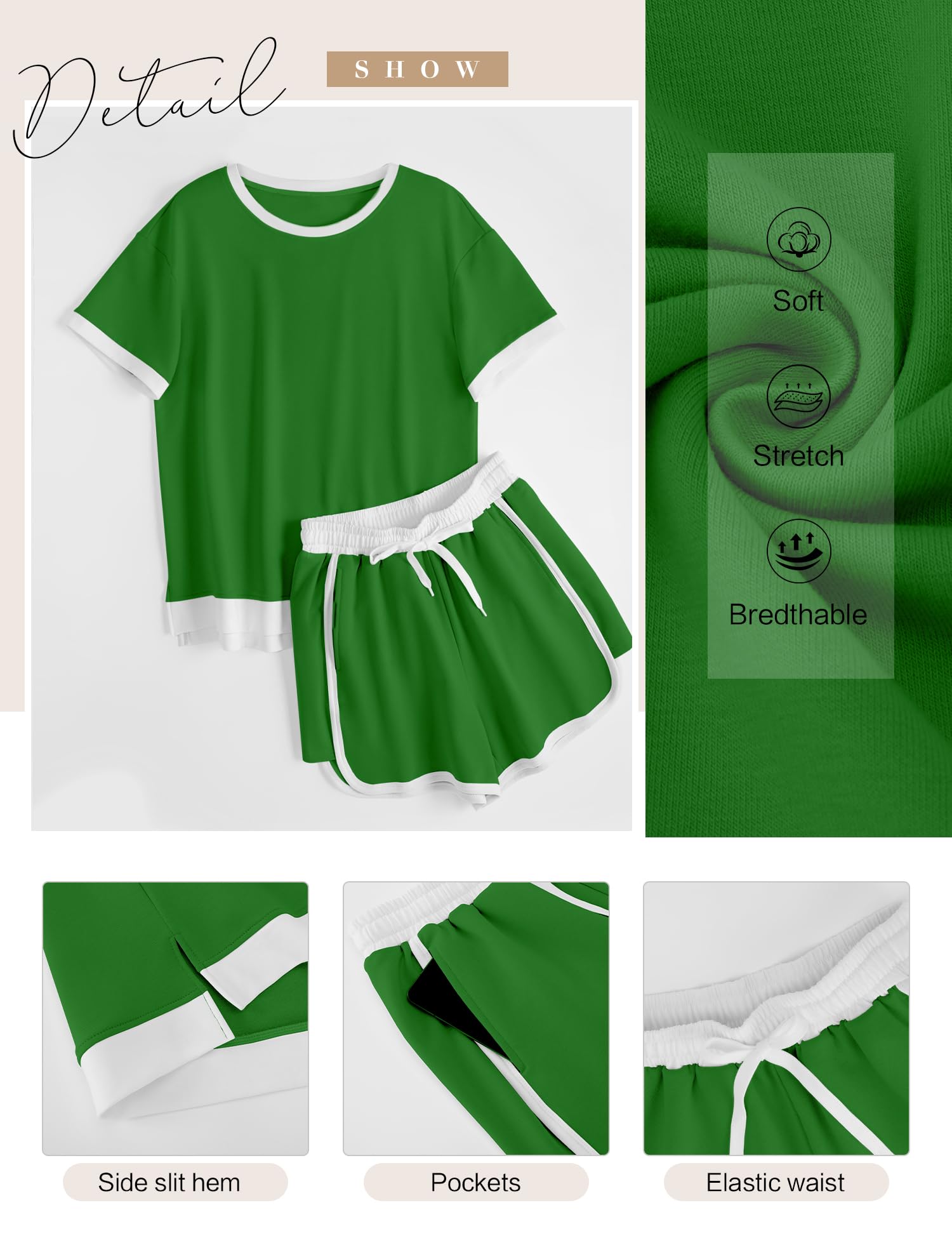 AKEWEI Shorts Sets Women 2 Piece Outfits Casual Short Sleeve Crewneck Tops and Drawstring Shorts Color Block Sets