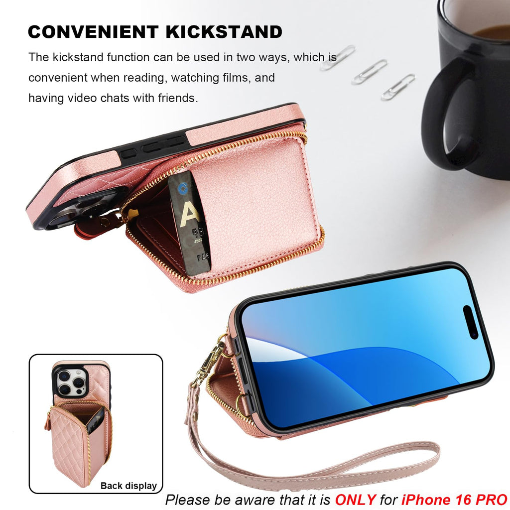 Bocasal Crossbody Wallet Case for iPhone 16 Pro, RFID Blocking PU Leather Zipper Handbag Purse Flip Cover, Kickstand Folio Case with Card Slots Holder Wrist Strap Lanyard 5G 6.3 Inch (Black)