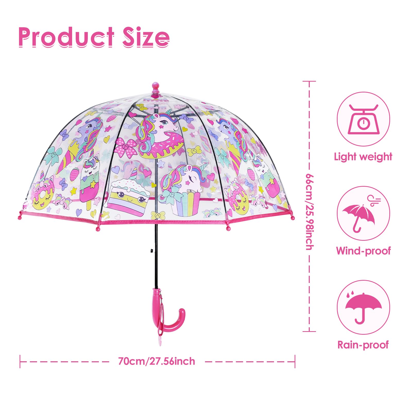 decalsweet Kids Umbrella Clear Bubble Umbrellas for Rain,Transparent Dome Safety Windproof Umbrella with Easy-Grip Hook Handle for Toddler Girls and Boys