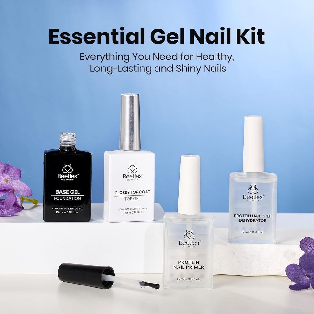 Beetles 2Pcs 15ml Gel Base and Top Coat Set - Upgrade No Wipe Extra Glossy Top Coat Finish for Gel Nail Polish, Soak Off UV/LED Lamp Needed, Essentials for Long-Lasting Manicure Kit