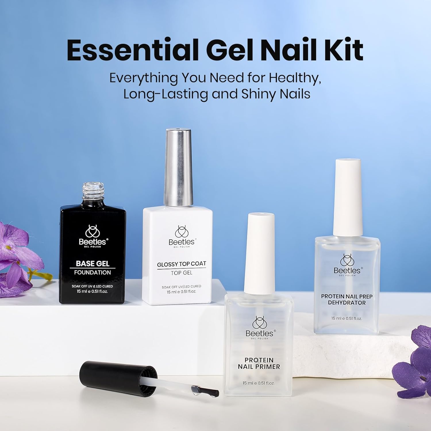Beetles 2Pcs 15ml Gel Base and Top Coat Set - Upgrade No Wipe Extra Glossy Top Coat Finish for Gel Nail Polish, Soak Off UV/LED Lamp Needed, Essentials for Long-Lasting Manicure Kit