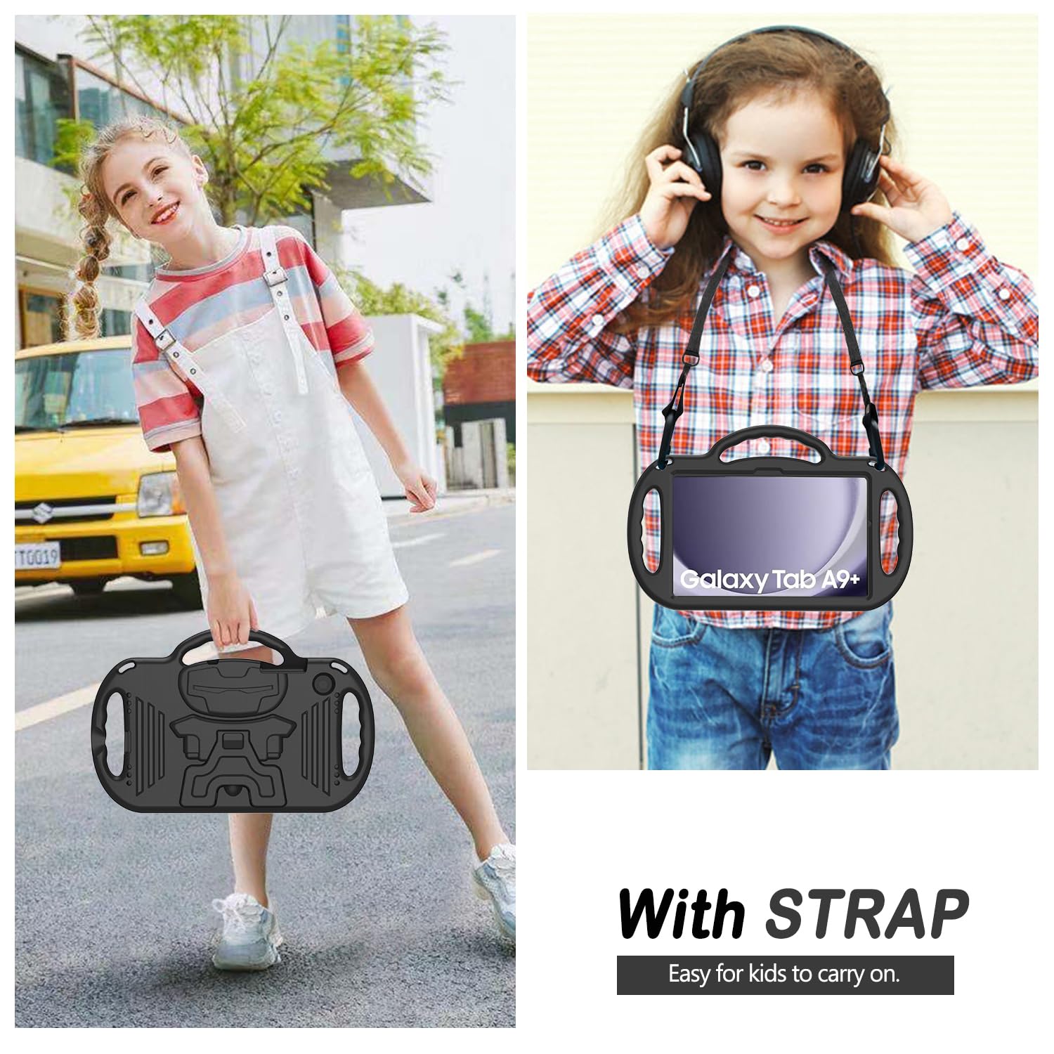AVAWO Kids Case for Samsung Galaxy Tab A11+ Plus/A9+ Plus 11 Inch Case, with Strap, Shockproof Lightweight Handle Stand 2025/2023 Model with Lanyard, Black