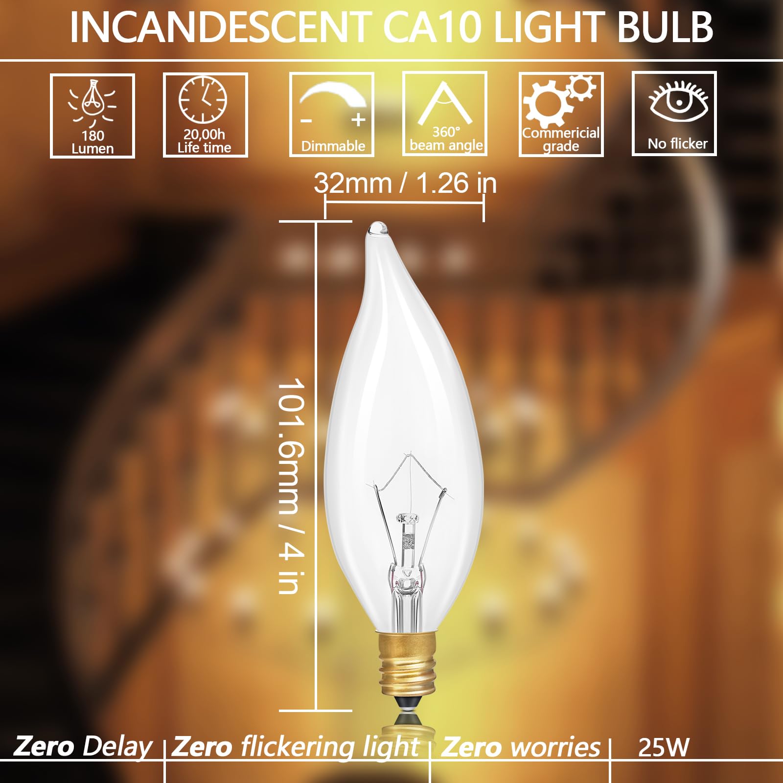 Potanro E12 Incandescent Light Bulbs 25Watt Warm White 2700K, 180 Lumens Candelabra Light Bulb Decorative Dimmable Chandelier Light Bulbs for Ceiling Fan, Pendants (25W-12Pack)