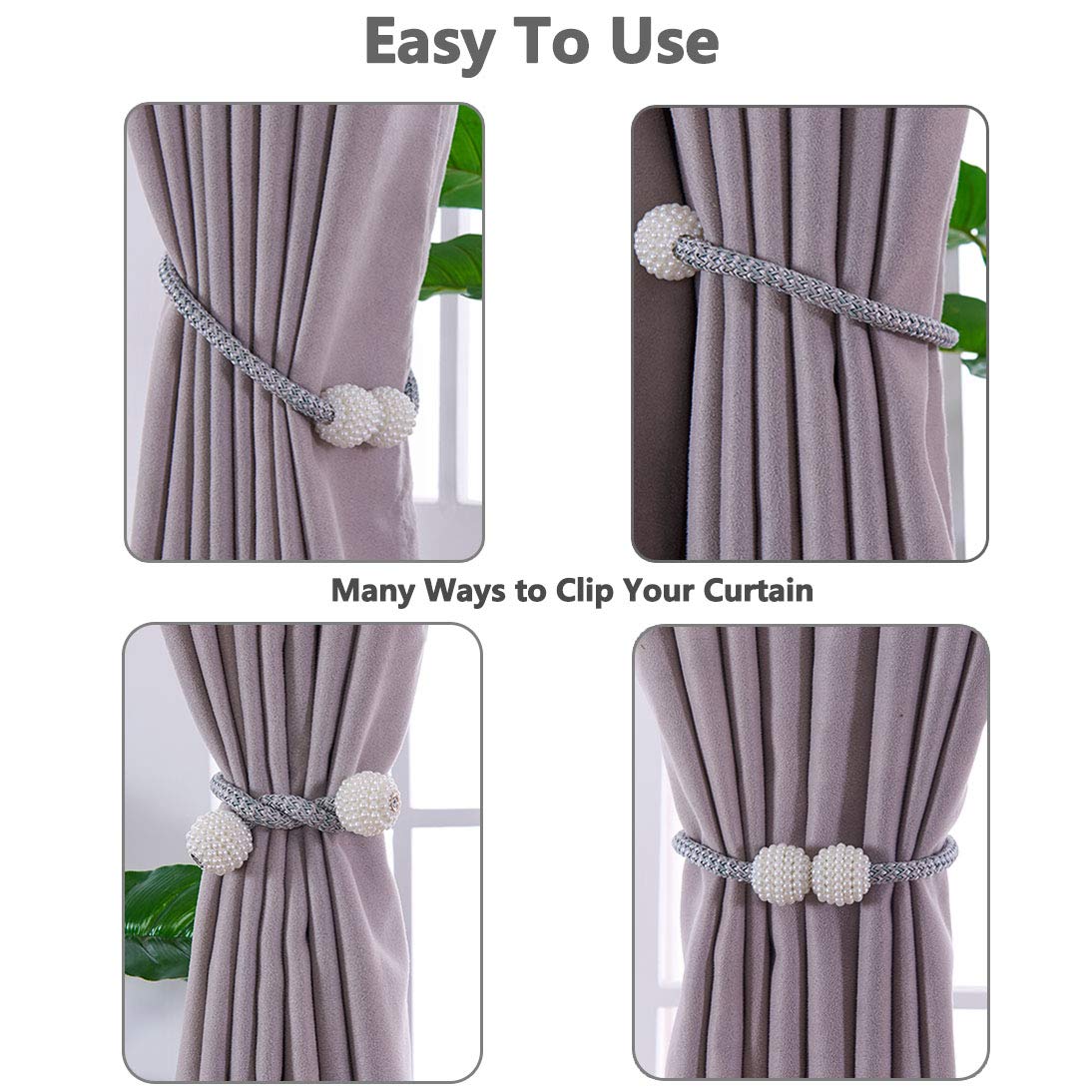 Melaluxe 2 Pack Magnetic Curtain Tiebacks, Decorative Curtain Holdbacks for Window Décor (Beige)