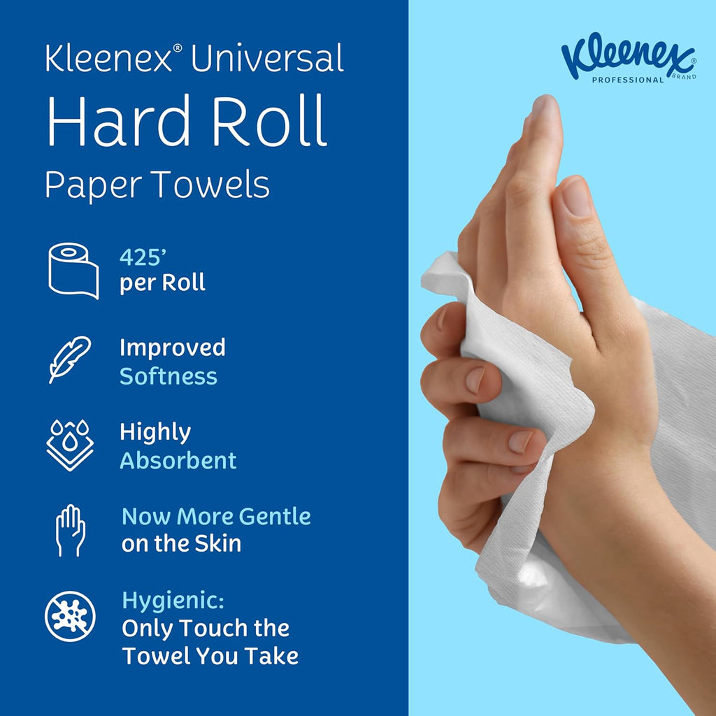 Kleenex Professional Universal Hard Roll Paper Towels, Bulk (01080), Hardwound 1.5" Core, Premium Absorbency Pockets, White (12 Rolls at 425' Each, 5,100'/Case)