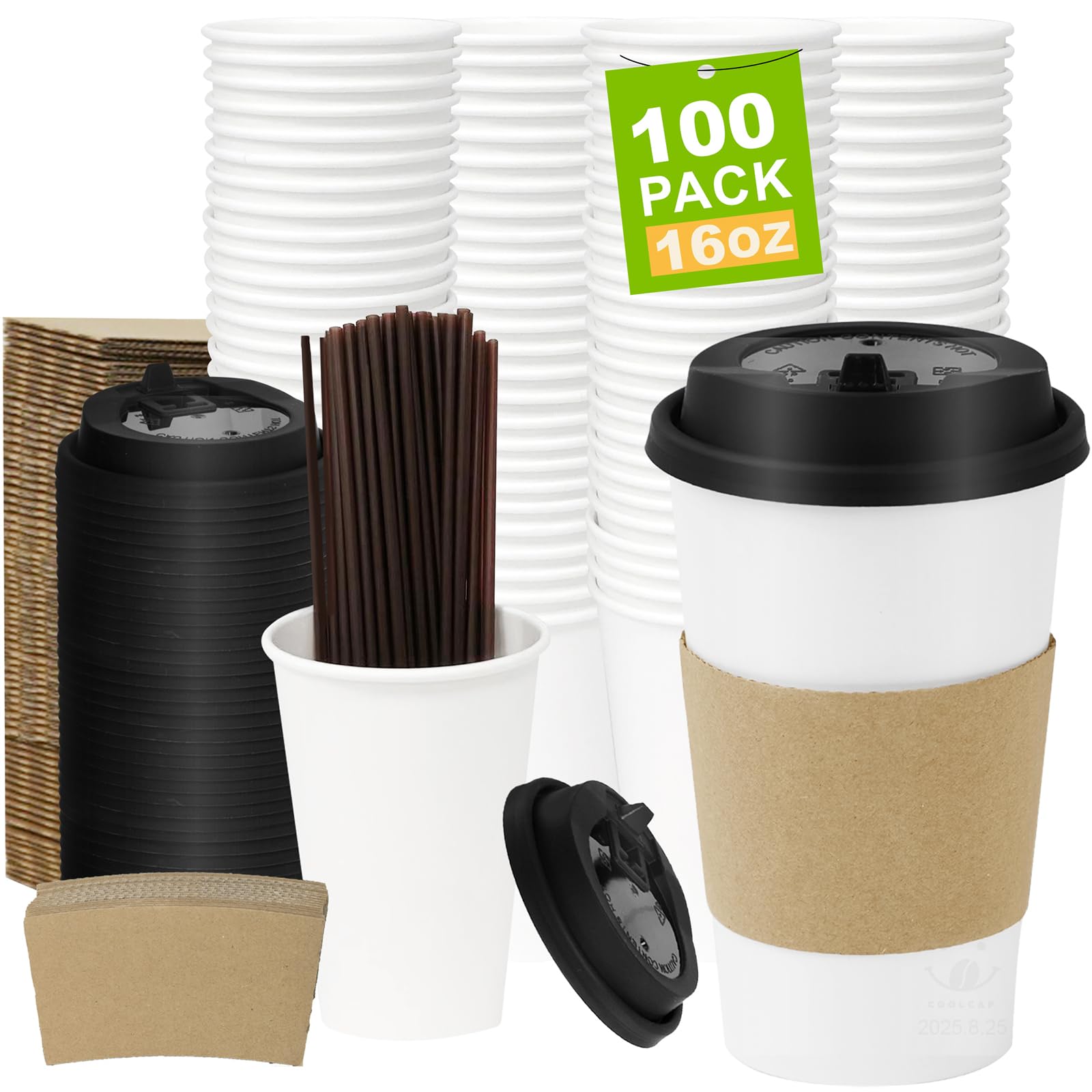 16 oz 100 Pack Corrugated Ripple Wall Disposable Coffee Cups with Lids and Straws, Heavy Duty Insulated Cups for Hot Beverage or Cold Drinks, Bulk for Restaurants, Offices, Coffee Shops(Black)