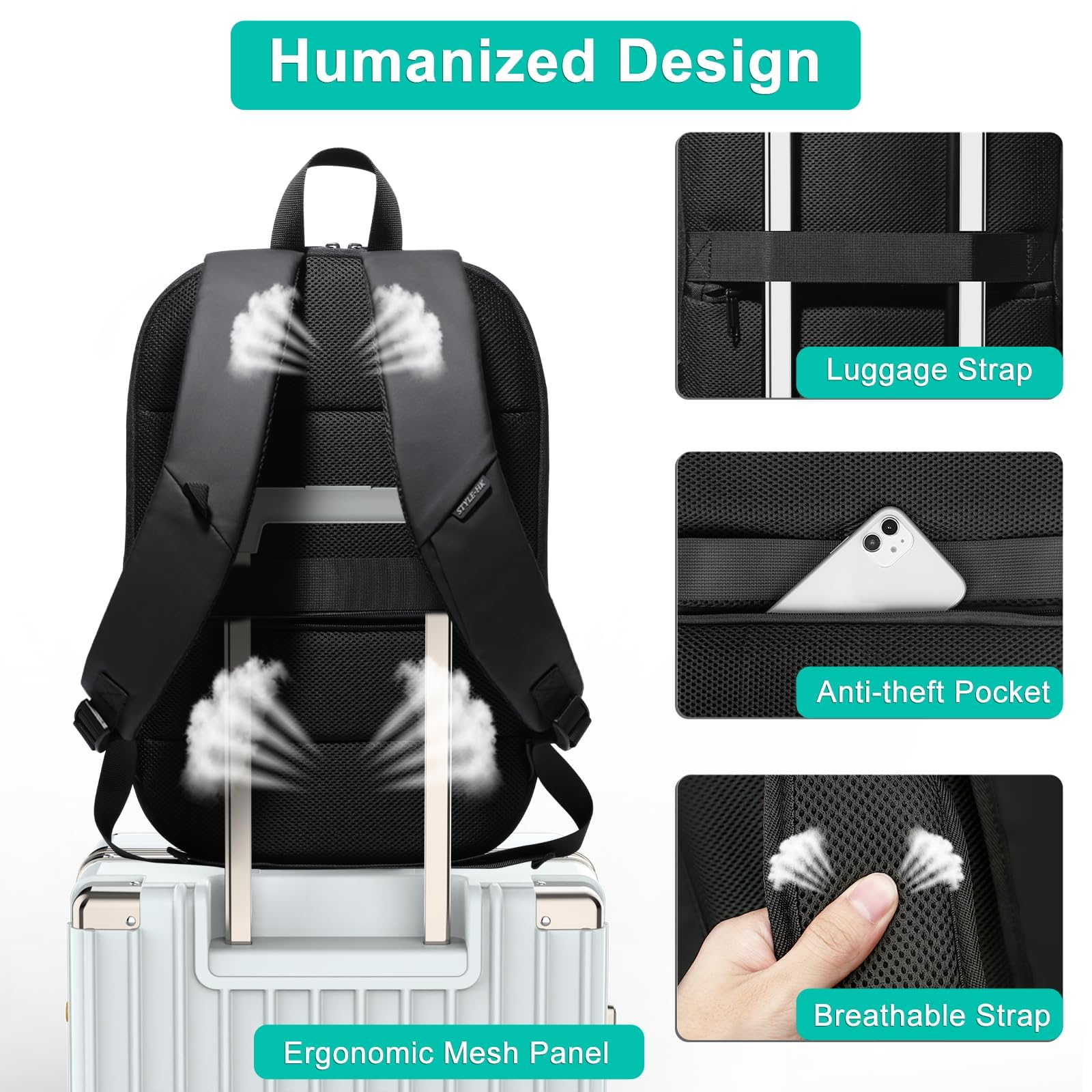 hk Business Backpack for Men 15.6 Inch,Slim & Expandable Waterproof Travel Laptop Backpack, Anti-Theft Lightweight Work Computer Bag, College Laptop Backpacks Gifts for Men Women-Black