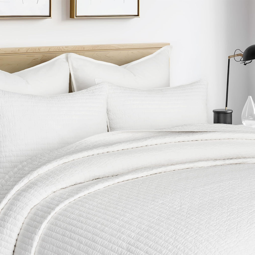 EVERGRACE Cotton Border Frame Tack-Stitch Quilt Bedding Set Queen Size, Coastal Oversized 3 Pieces Lightweight Bedspread Coverlet for All Season, with 2 Matching Shams, Blue Linen
