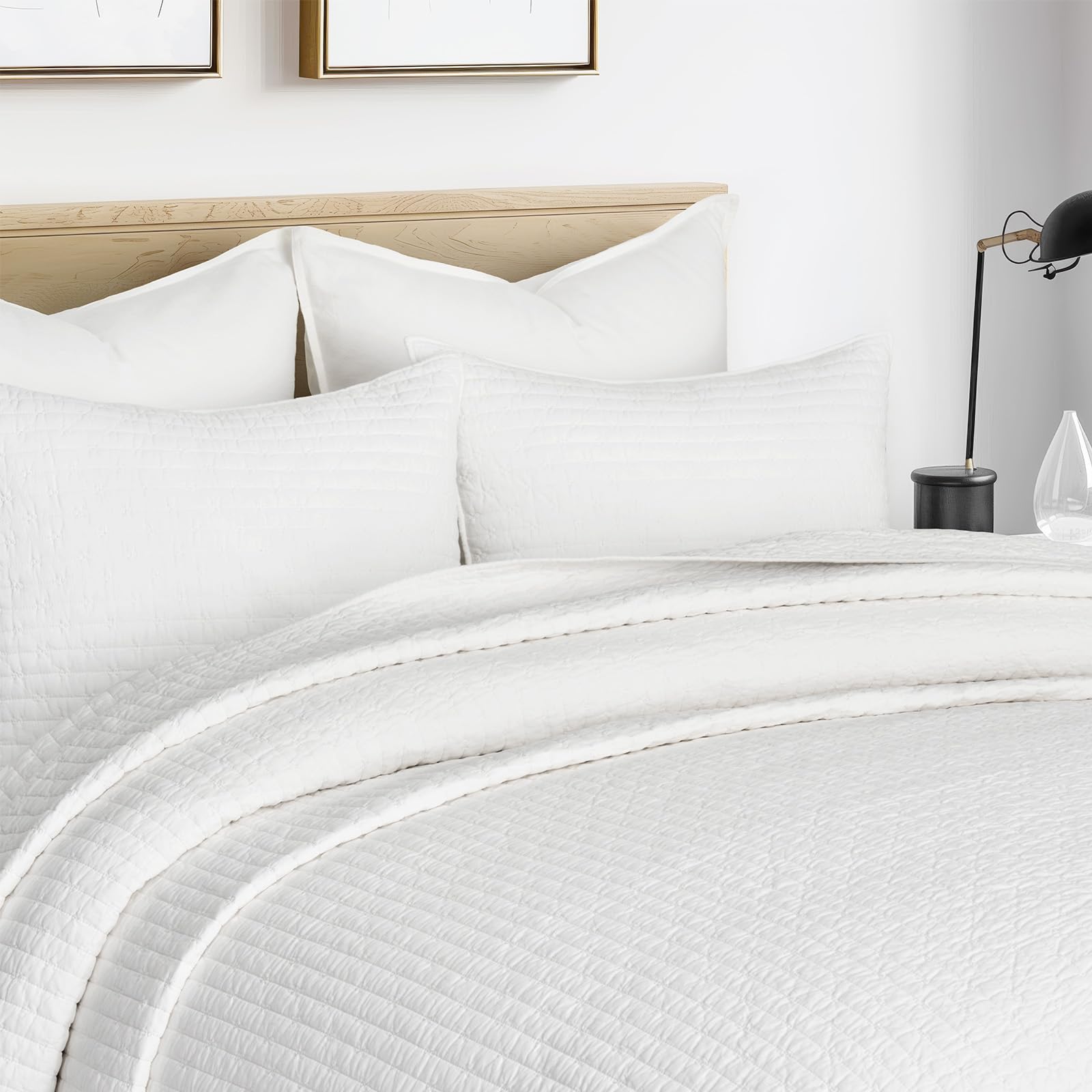 EVERGRACE Cotton Border Frame Tack-Stitch Quilt Bedding Set Queen Size, Coastal Oversized 3 Pieces Lightweight Bedspread Coverlet for All Season, with 2 Matching Shams, Blue Linen
