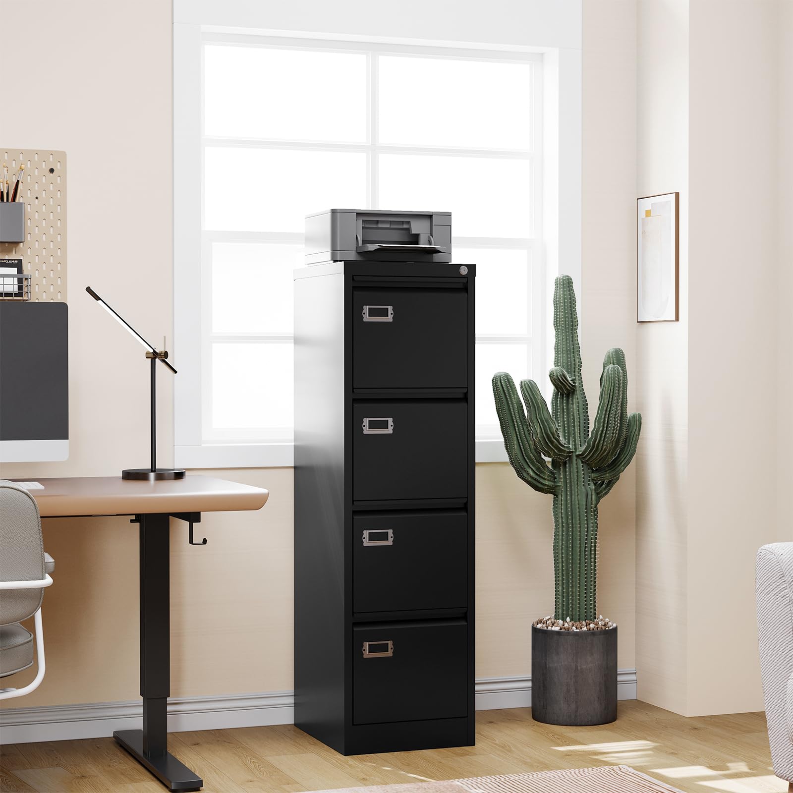 RAVIGIN 4 Drawer File Cabinet with Lock,Vertical Filing Cabinet for Home Office,Metal File Cabinets with Lock,Storage Files for A4/ Legal/Letter, Require Assembly, (Black)